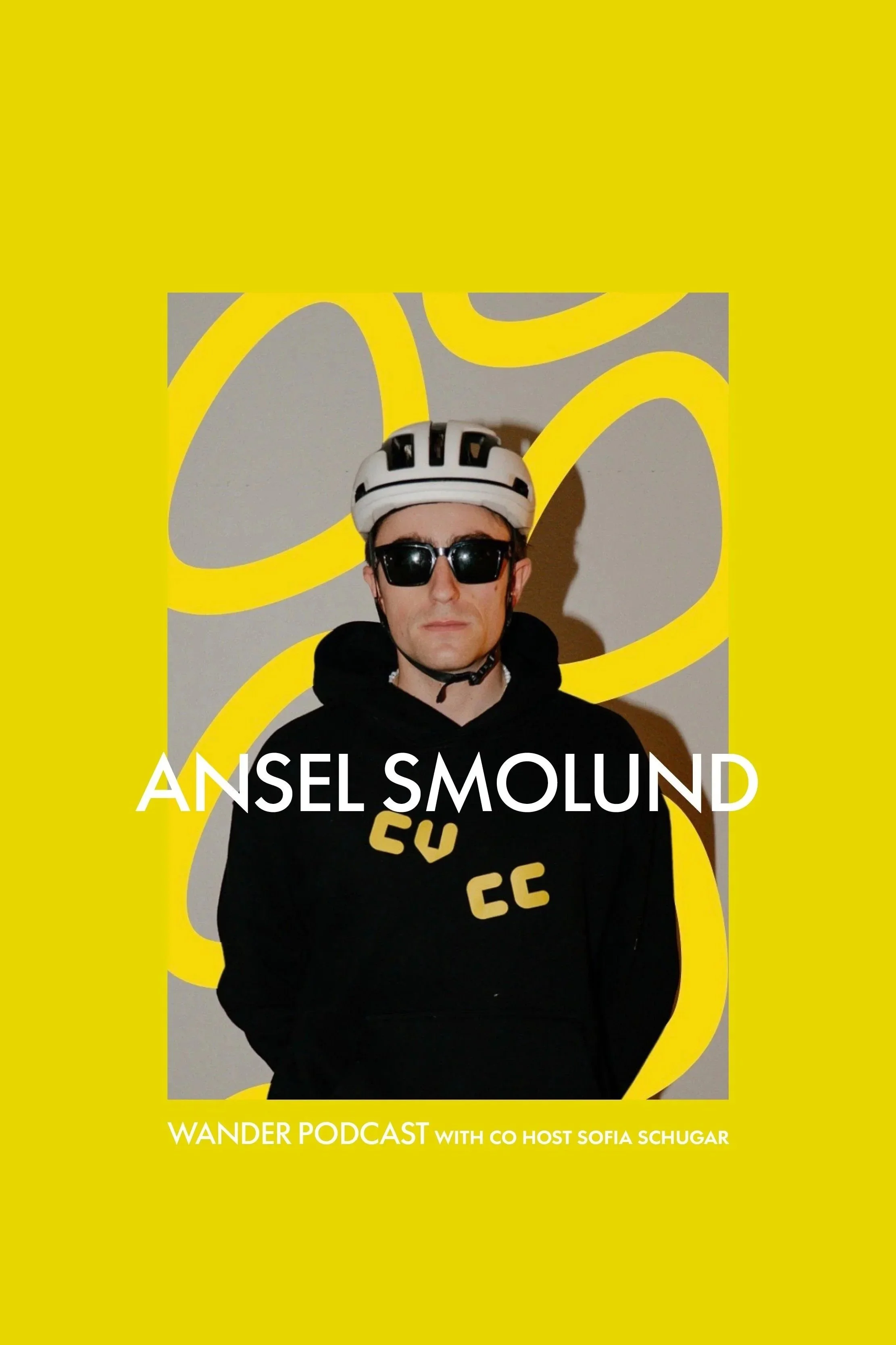 A person wearing sunglasses and a bicycle helmet, dressed in a black hoodie, standing in front of an abstract yellow and gray background. The text on the image reads: "Ansel Smolund," 