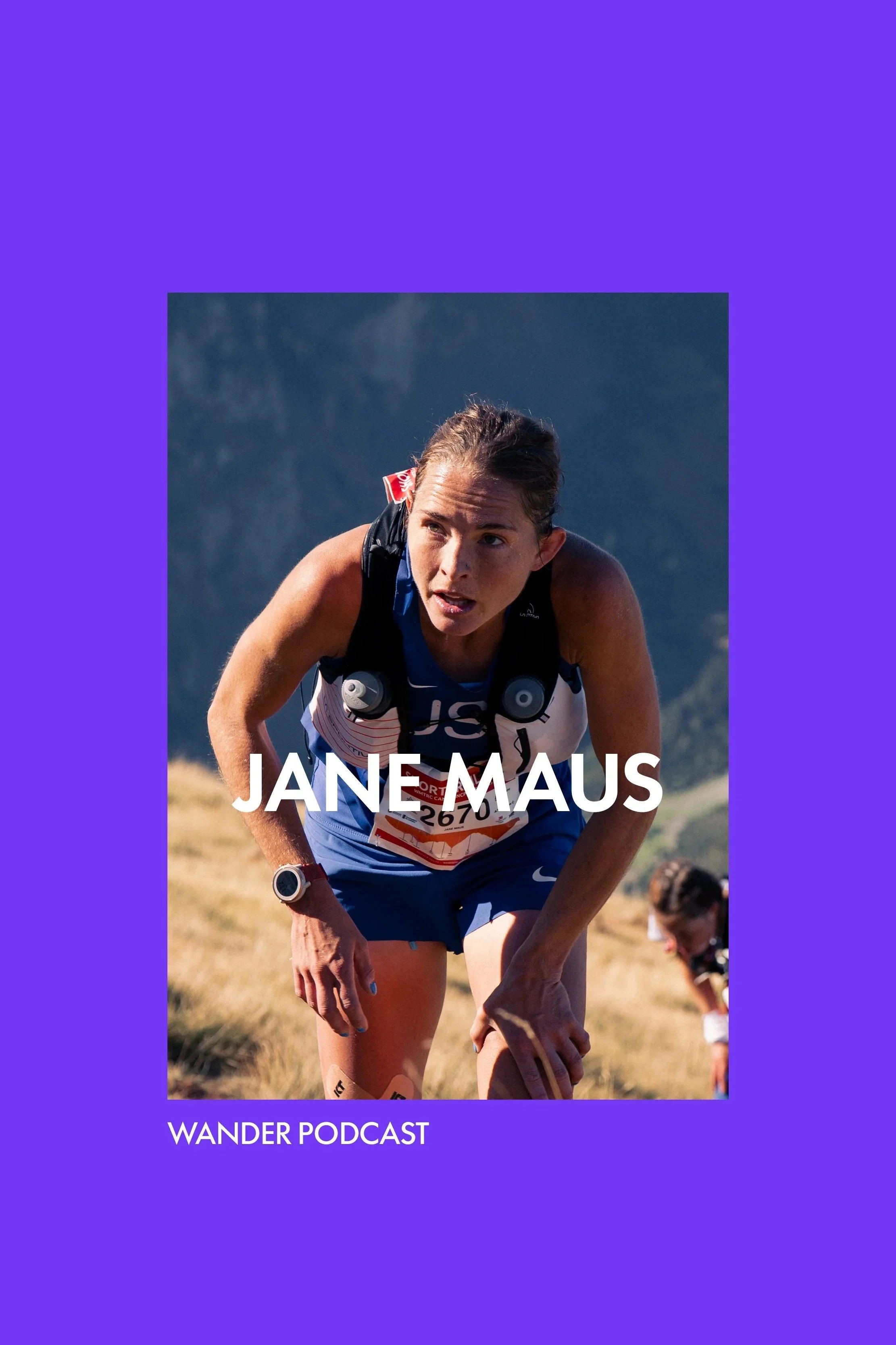 Cover photo for Wander Podcast featuring Jane Maus, a woman running outdoors, dressed in athletic gear with mountains in the background.