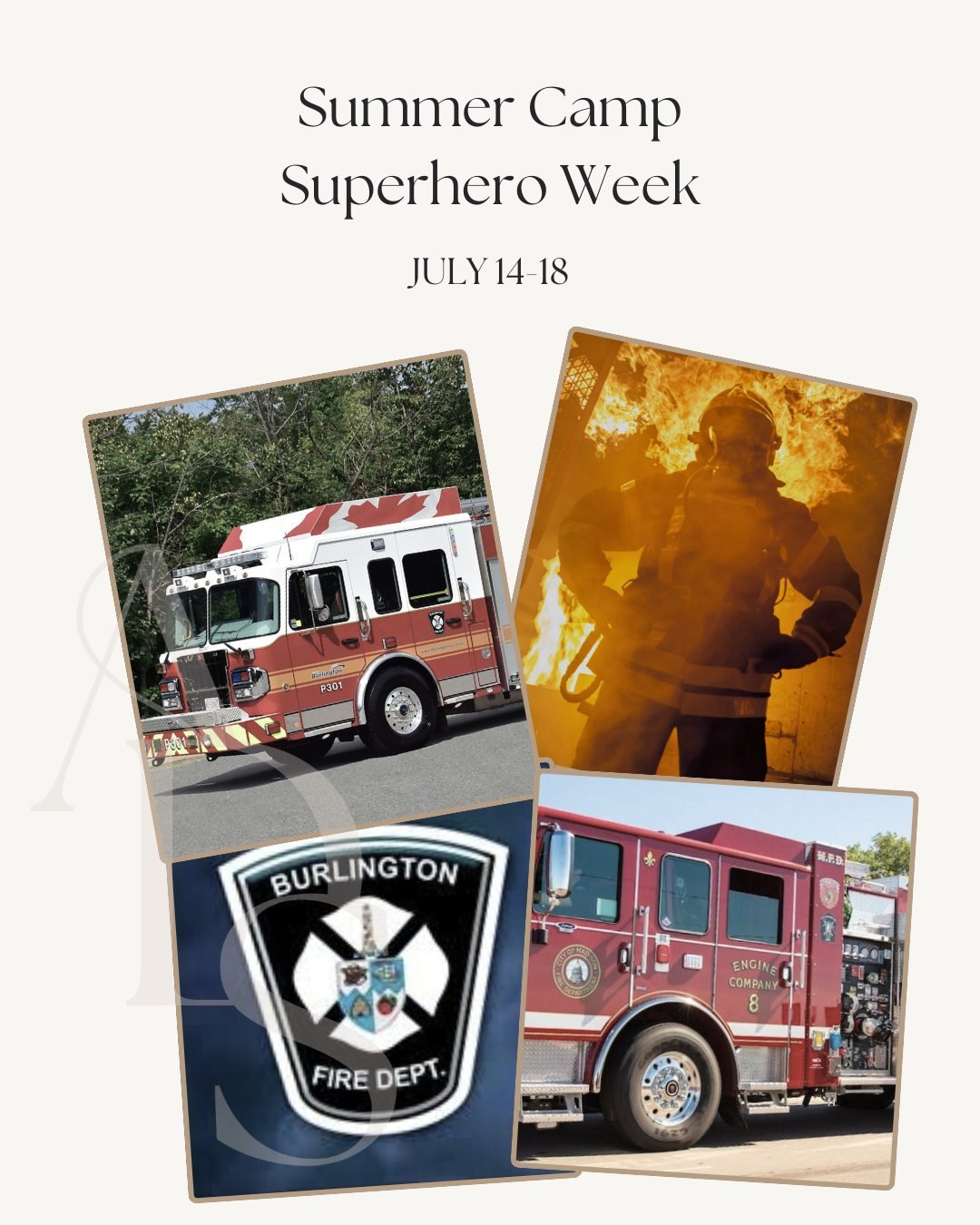 Our Super Hero Dance Camp just got even more exciting &mdash; the Burlington Fire Department will be stopping by for a special visit!
It&rsquo;s a chance for campers to meet real-life heroes, ask questions, and get an up-close look at a fire truck.
A