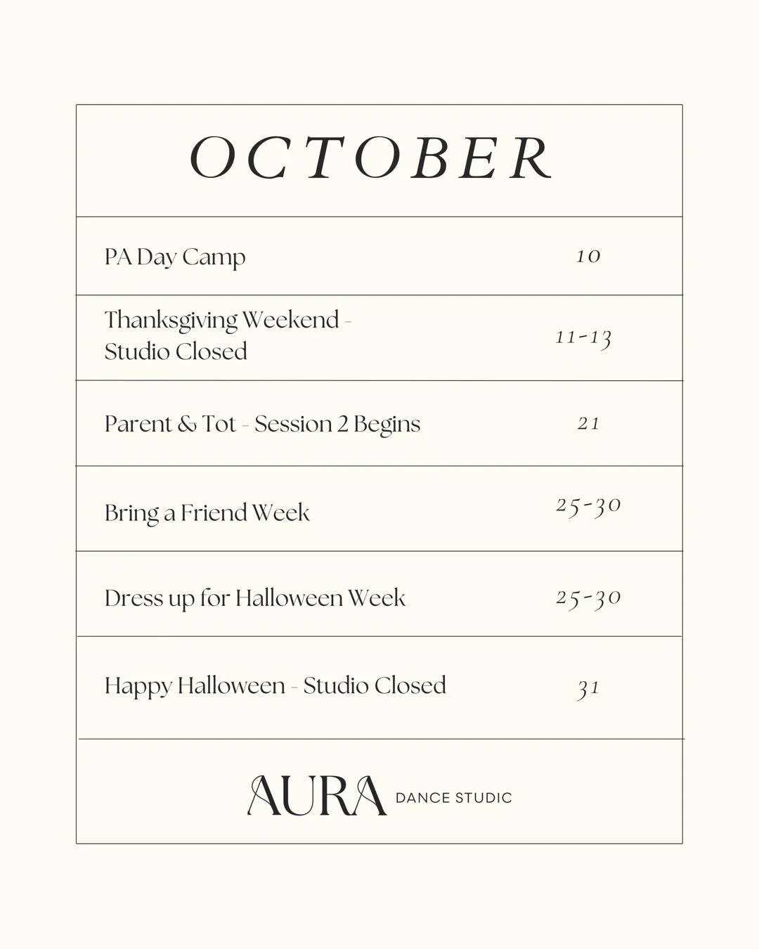 Hello, October! 🍂 Mark your calendars (and note our studio closures) &mdash; here&rsquo;s a peek at what&rsquo;s happening this month at Aura!