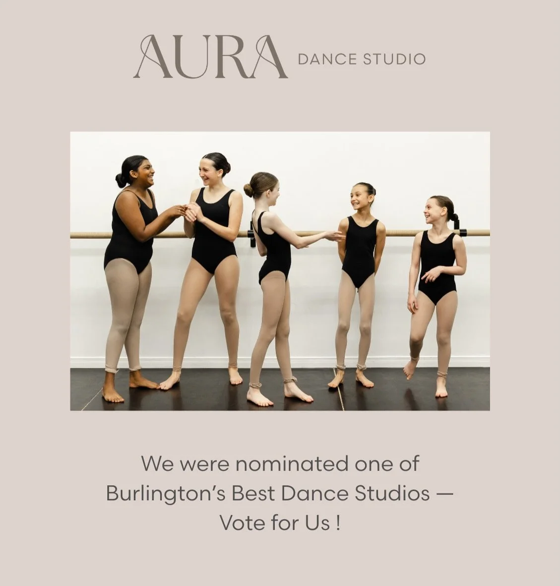 We&rsquo;re so excited to share that we&rsquo;ve been nominated as one of Burlington&rsquo;s Best Dance Studios! ✨
Please take a moment to vote for us &mdash; your support means the world! 

Follow the link in our stories and in our bio before Feb 6t