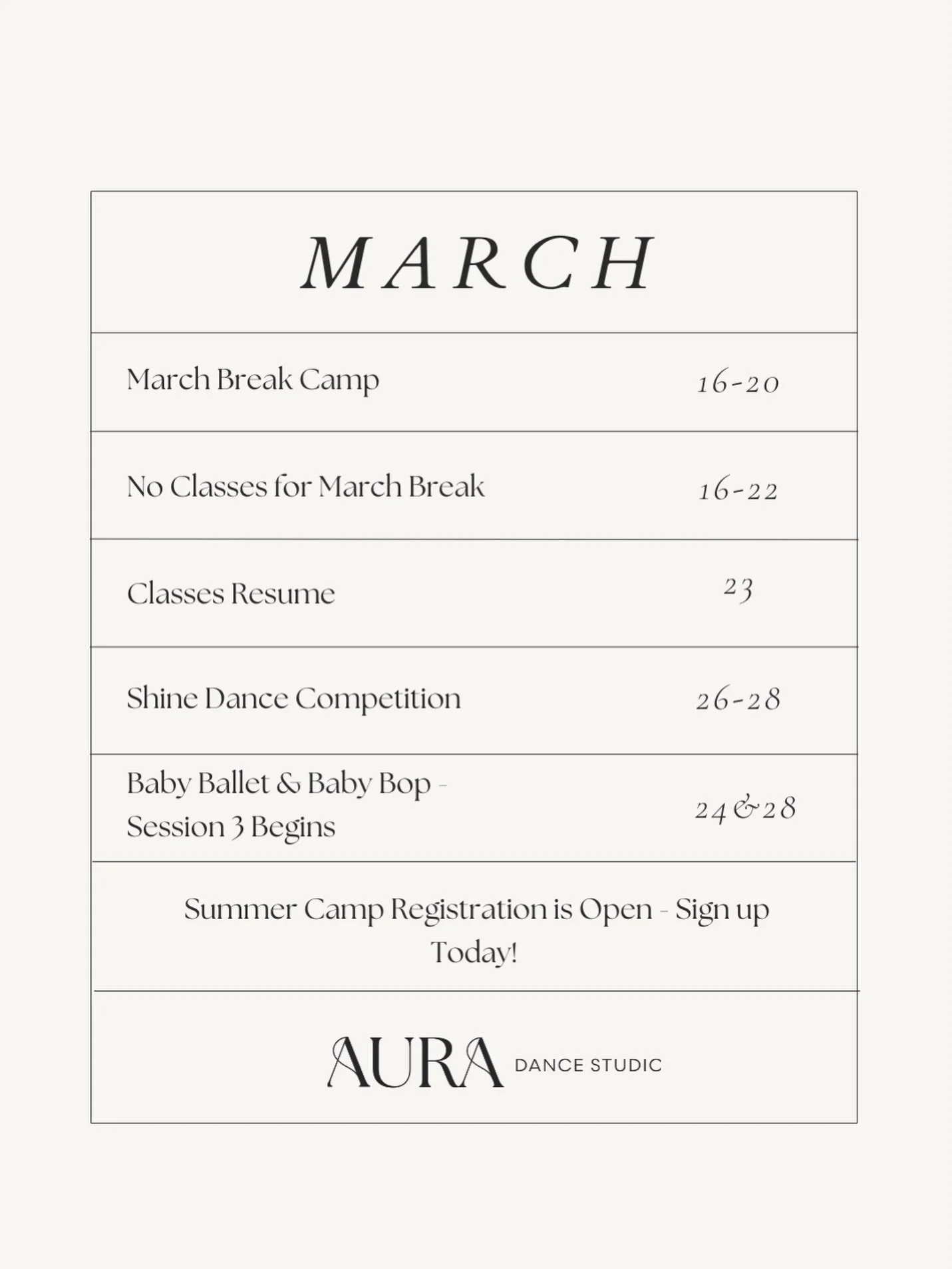 Another exciting month at Aura!
 
Here are someimportant dates to make note of 🗓️