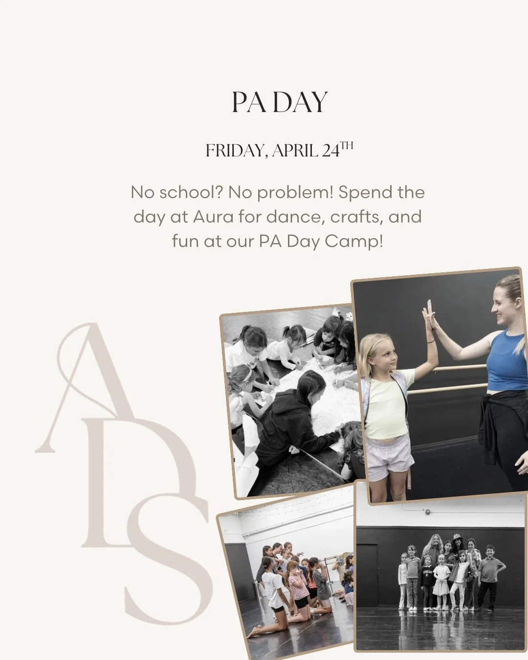 PA Day Camp is back! 🎉

Looking for something fun and active for your kids on April 24? We&rsquo;ve got you covered!

Join us for a full day of dance, games, crafts, and fun with friends at Aura Dance Studio 💃✨

🗓 April 24
⏰ 9:00 AM &ndash; 4:00 P
