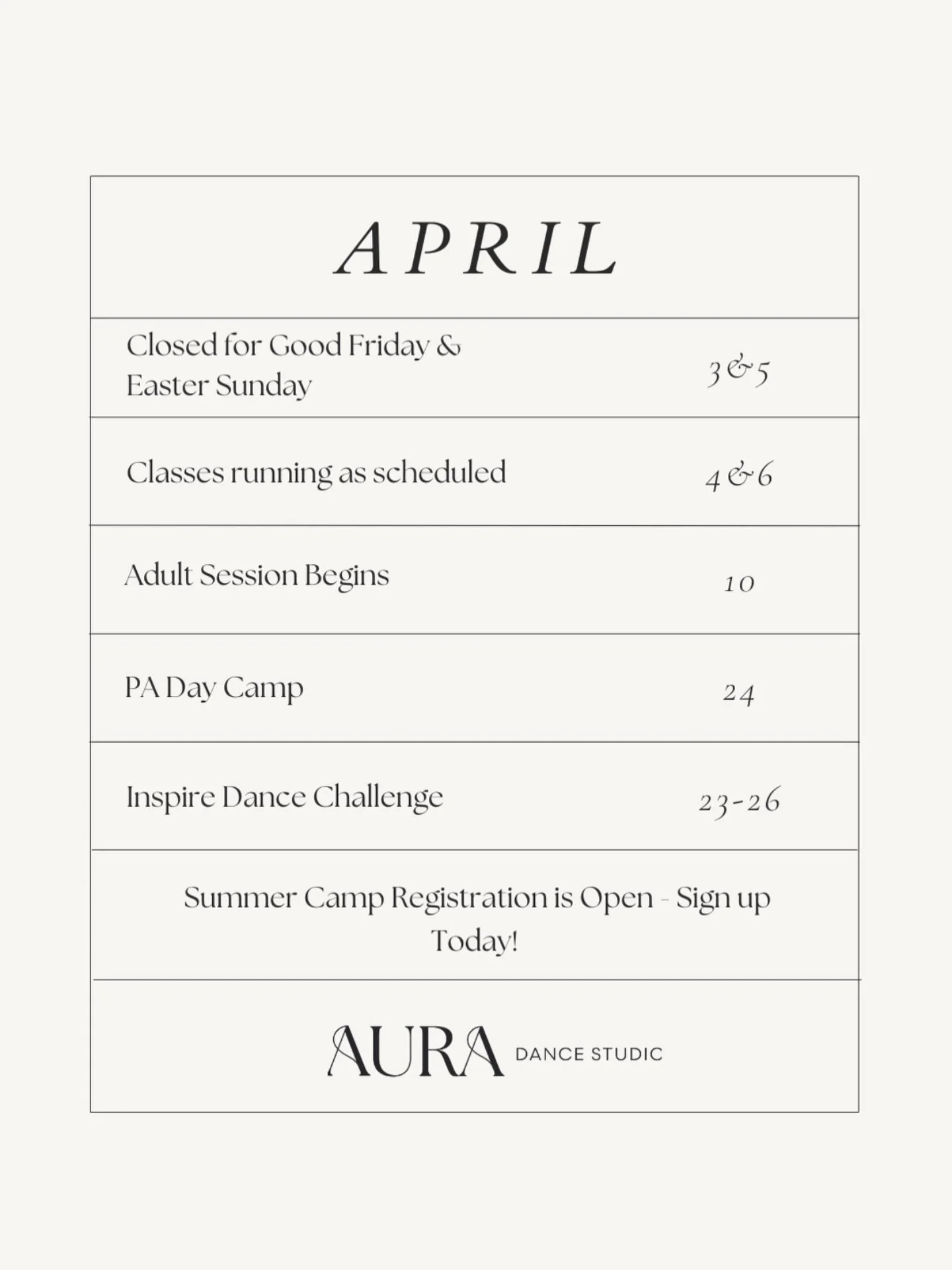 April is in full bloom at Aura! 🌷

Be sure to check out our newsletter for all the latest updates and upcoming dates! ✨

Our next adult session is starting soon, along with our upcoming PA Day camp&mdash;you won&rsquo;t want to miss it! 💃🎉

Stay i