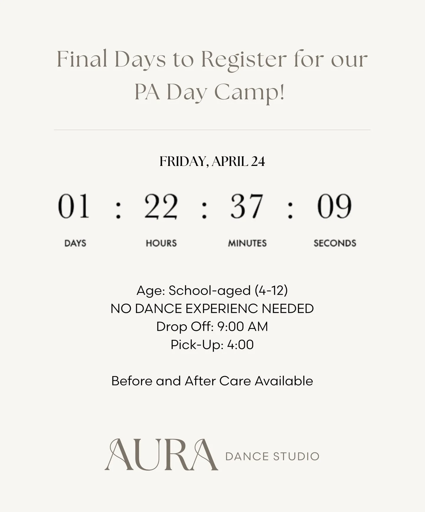 Final days to register for our April 24 PA Day Camp! A full day of creativity, movement, laughter, and fun your kids won&rsquo;t want to miss!!