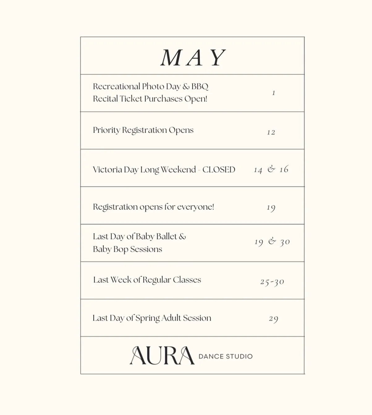 ✨ May is packed with excitement at the studio! ✨

Recital season is officially here, and with registration now open for next year, there&rsquo;s lots happening this month! Be sure to stay in the loop so you don&rsquo;t miss any important dates. 

📖 
