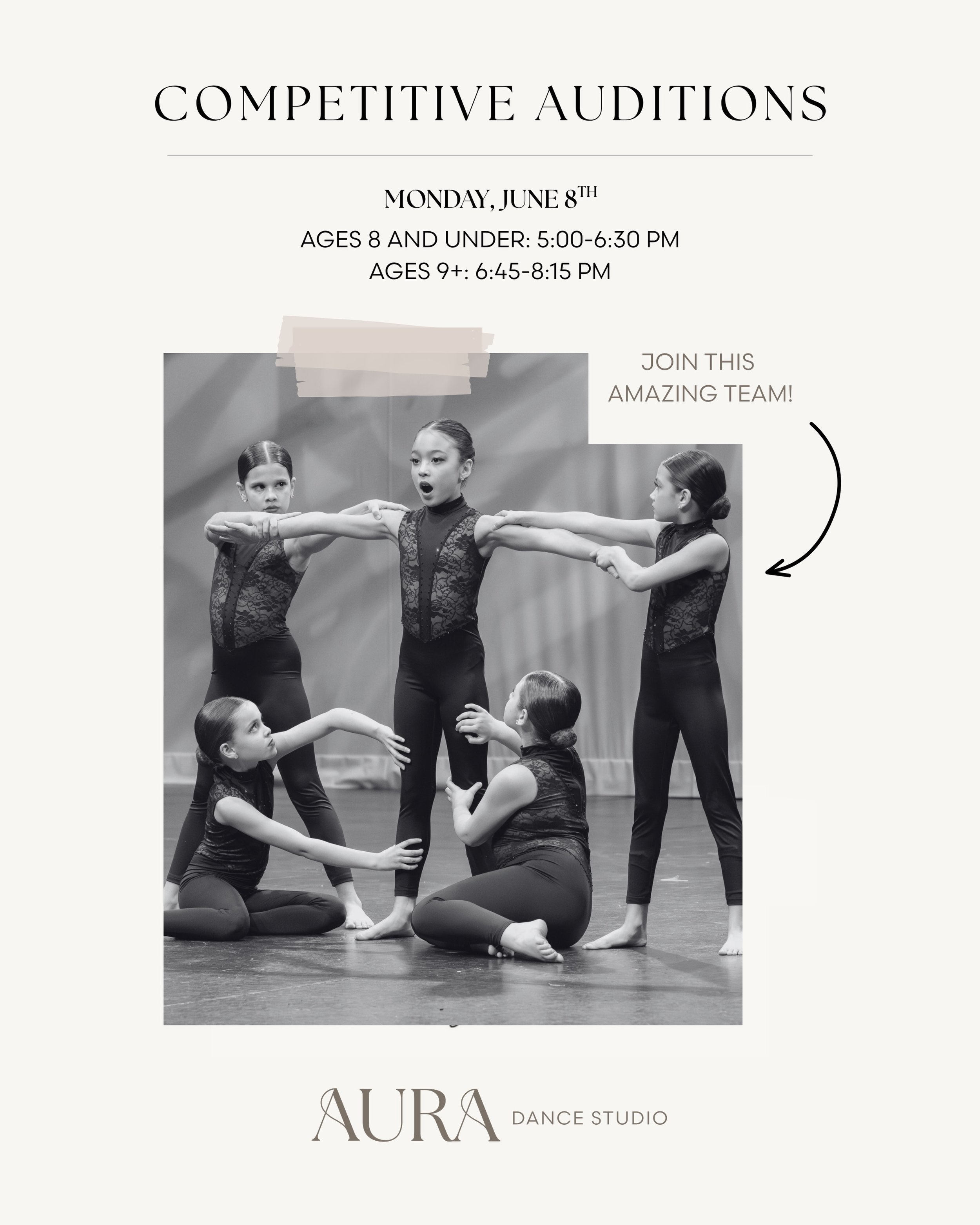 Our 2nd round of Competitive Auditions are right around the corner!
 
Have you signed up yet?! 

Want more info? Email us today at info@auradancestudio.com