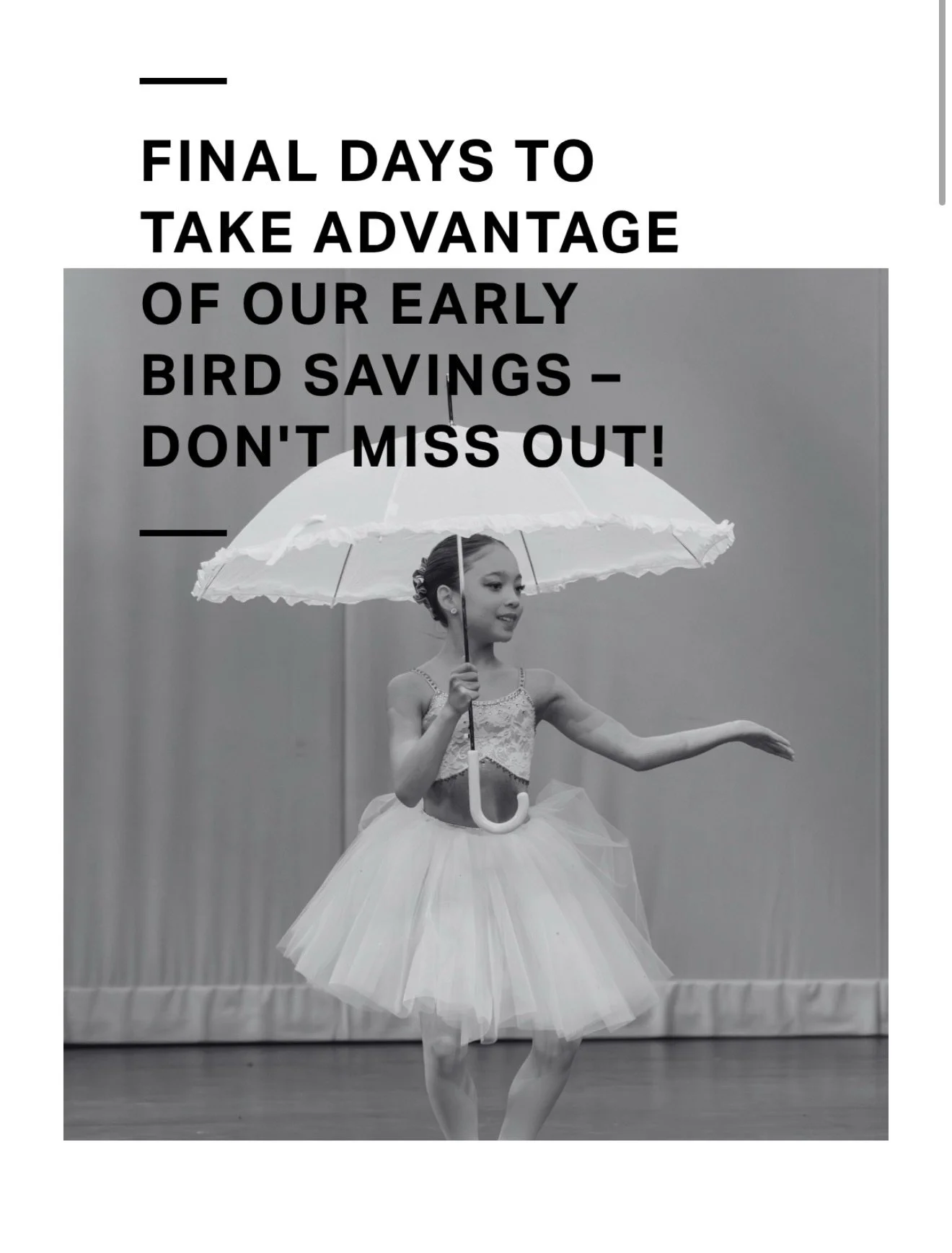 Registration IS NOW OPEN!

It&rsquo;s time to lock in your spot for another amazing season at Aura!

Take advantage of our Early Bird Offers this month:
&bull; Save on your registration fee
&bull; Get 10% OFF your 2nd class
&bull; PLUS - stack your s