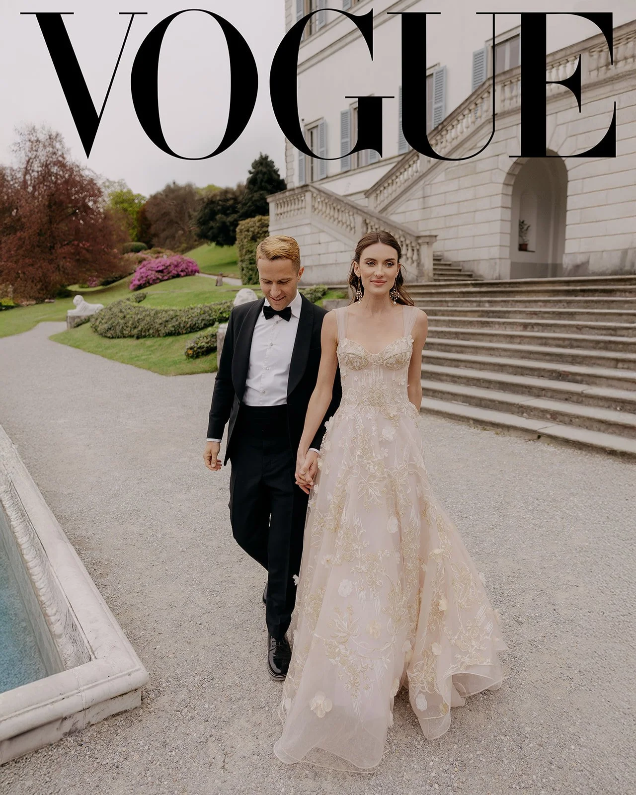 The Aurora Gown in blush Italian embroidery, silk organza with 3-D flowers