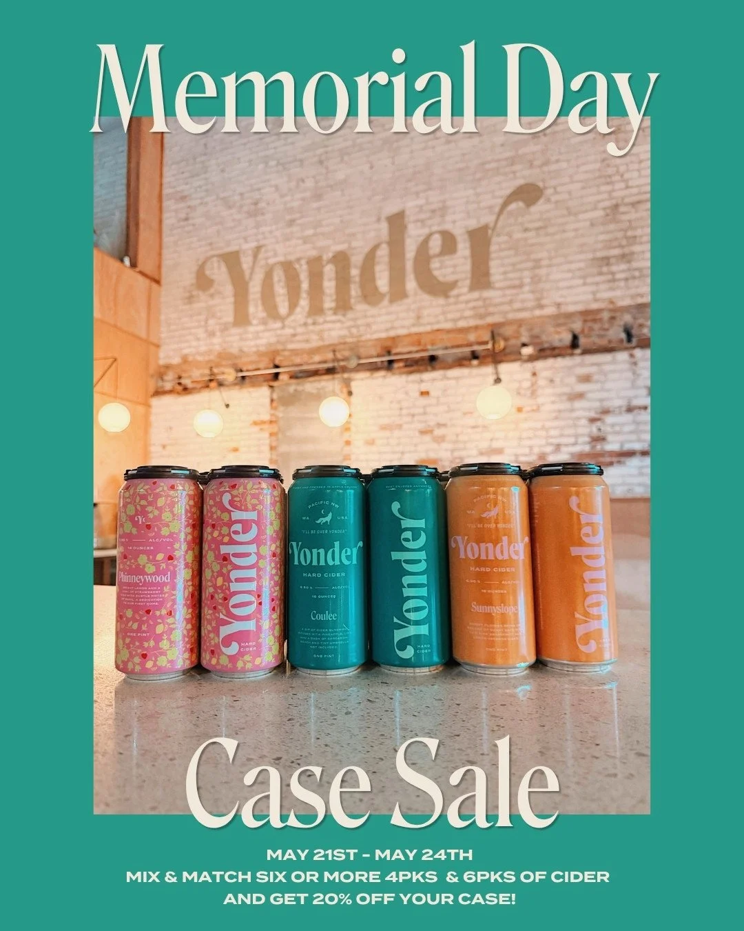 Memorial Day weekend starts now at Yonder East! 🍎☀️⁠
⁠
Our Case Sale kicks off TODAY - mix &amp; match 6 or more 4pks and 6pks of your favorite Yonder ciders and get 20% OFF your case. Sorry, this excludes 2pks and HYS.⁠
⁠
Whether you&rsquo;re headi