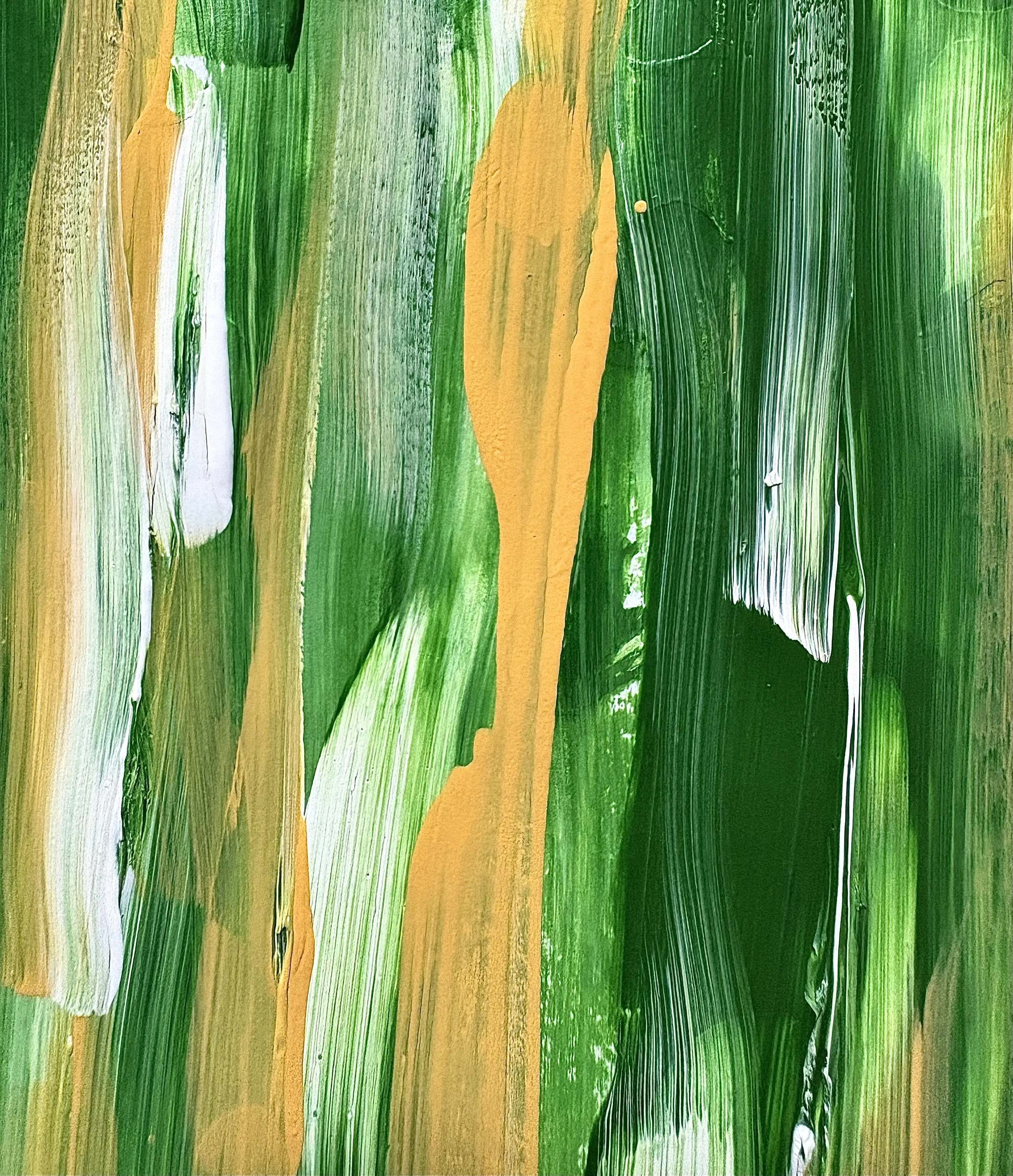 Abstract painting with broad green, yellow, white, and black brushstrokes.