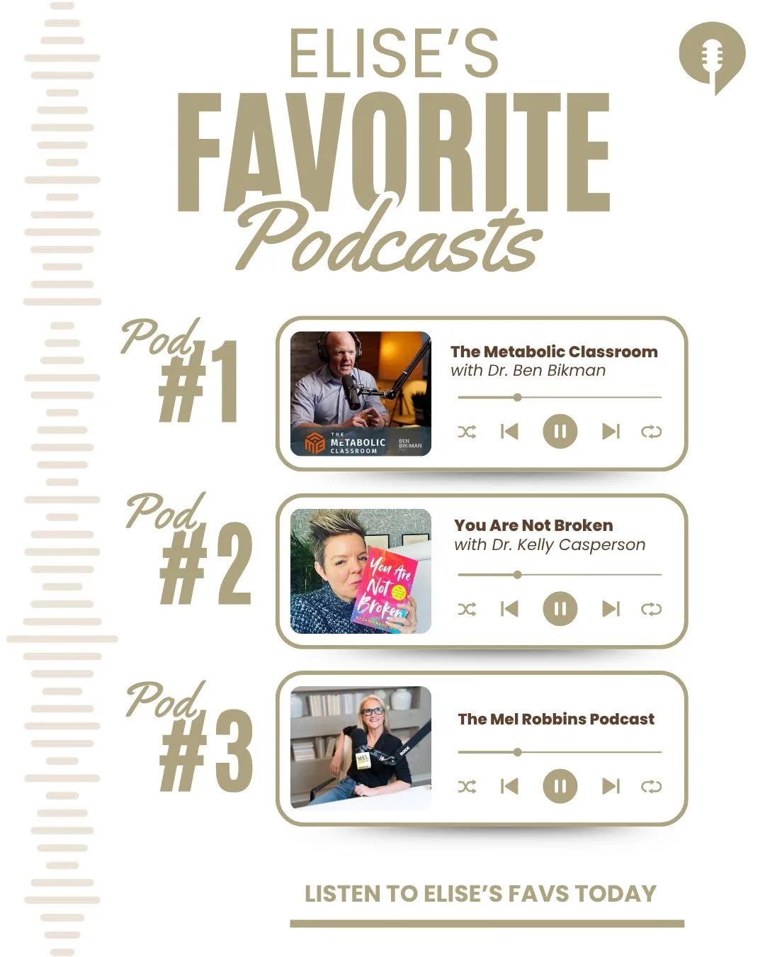 Elise&rsquo;s current listens 🎧✨

Because understanding your body starts with the conversations you choose to tune into.

Here&rsquo;s what she&rsquo;s loving right now&mdash;and why:

&bull; The Metabolic Classroom with Dr. Ben Bikman

A deep dive 