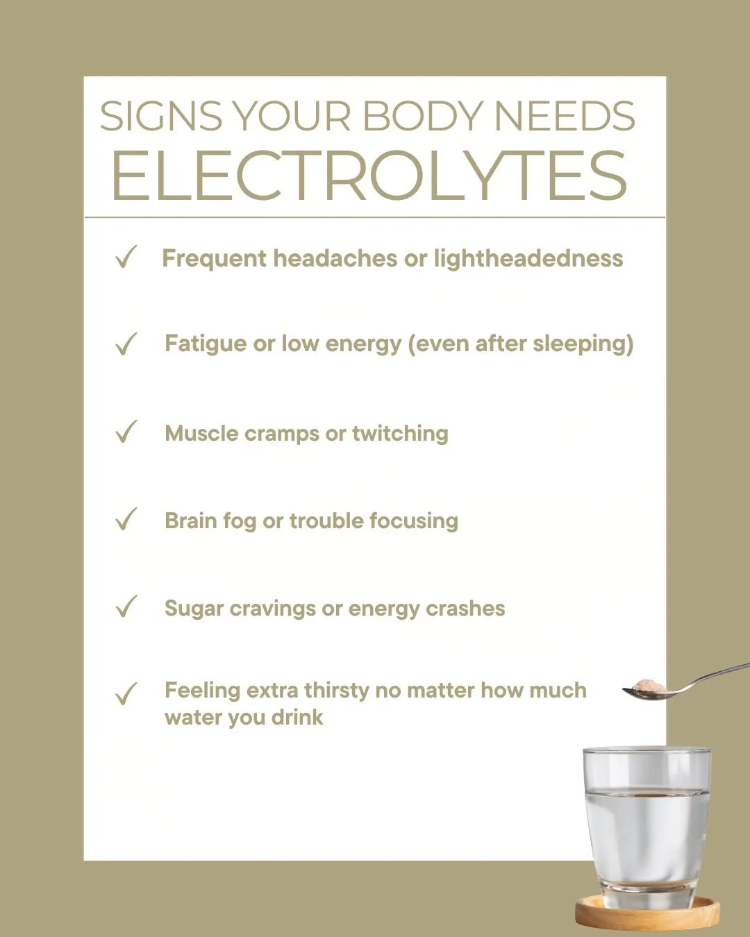SIGNS YOUR BODY NEEDS ELECTROLYTES ⚡️
Electrolytes (like sodium, potassium, and magnesium) help regulate hydration, nerve function, and muscle performance. When they&rsquo;re low or imbalanced, your body usually lets you know through subtle signals.
