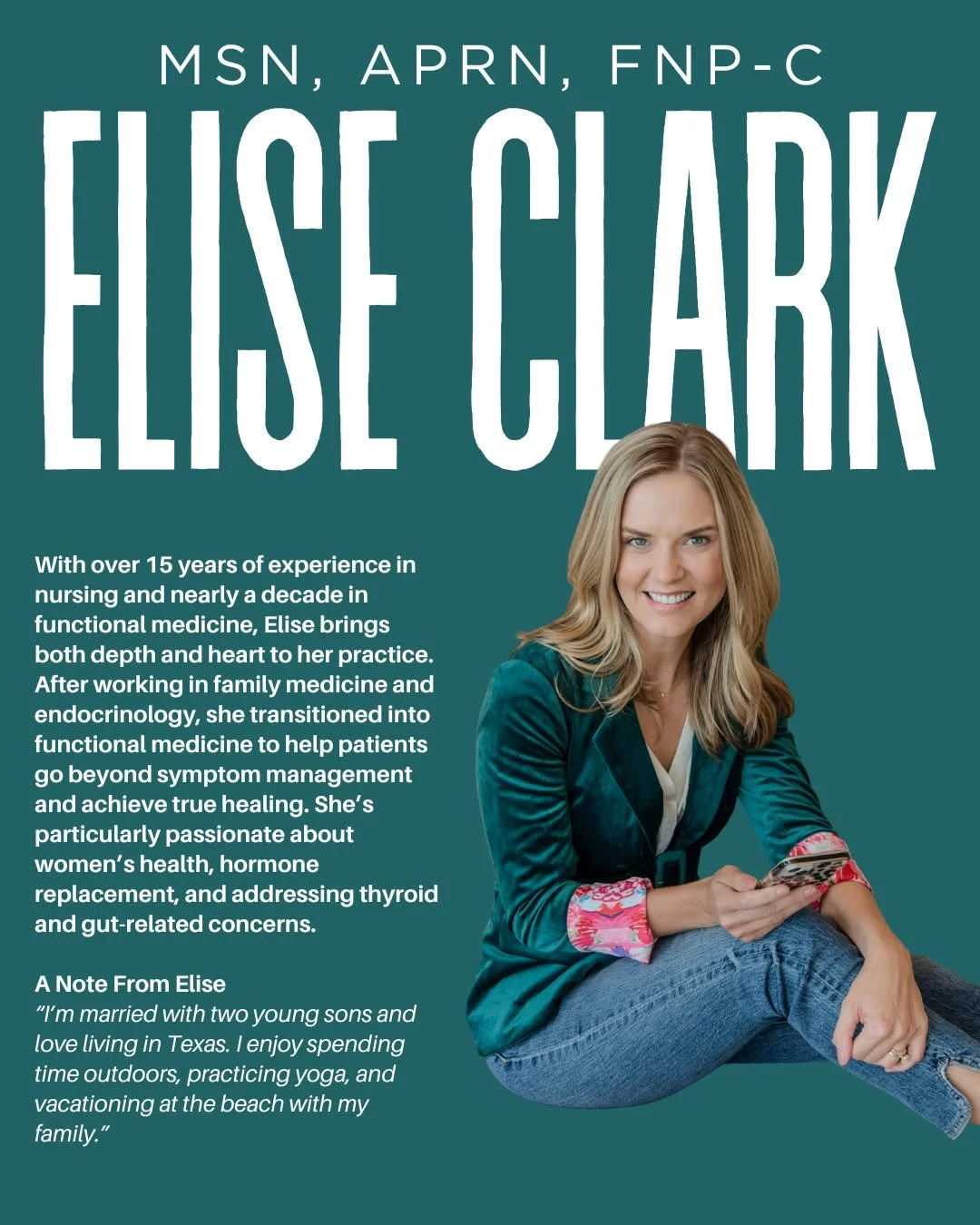 Meet Elise ✨

I bring over 15 years of nursing experience and nearly a decade in functional medicine to my care, combining deep clinical knowledge with a truly patient-centered approach.

I began my career in family medicine and endocrinology, then t