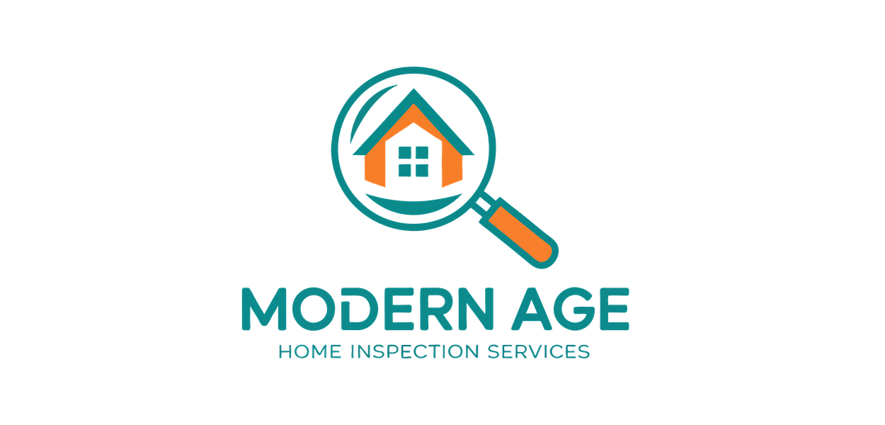 Logo for Modern Age Home Inspection Services featuring a house inside a magnifying glass with teal and orange accents.