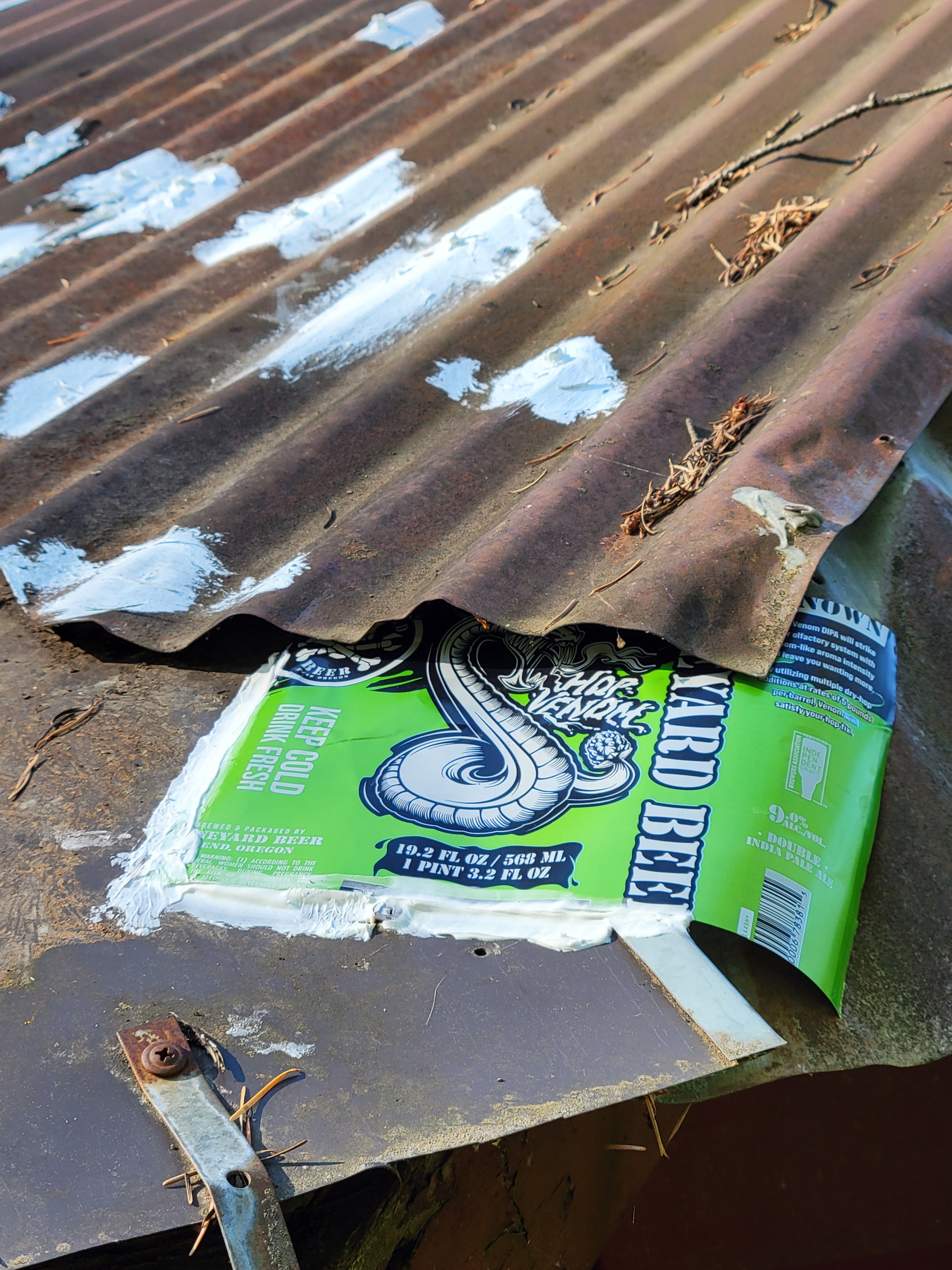 A partially torn bright green craft beer can adhered to a rusted metal surface underneath an old, weathered corrugated metal roof with patches of white paint and scattered dry leaves.