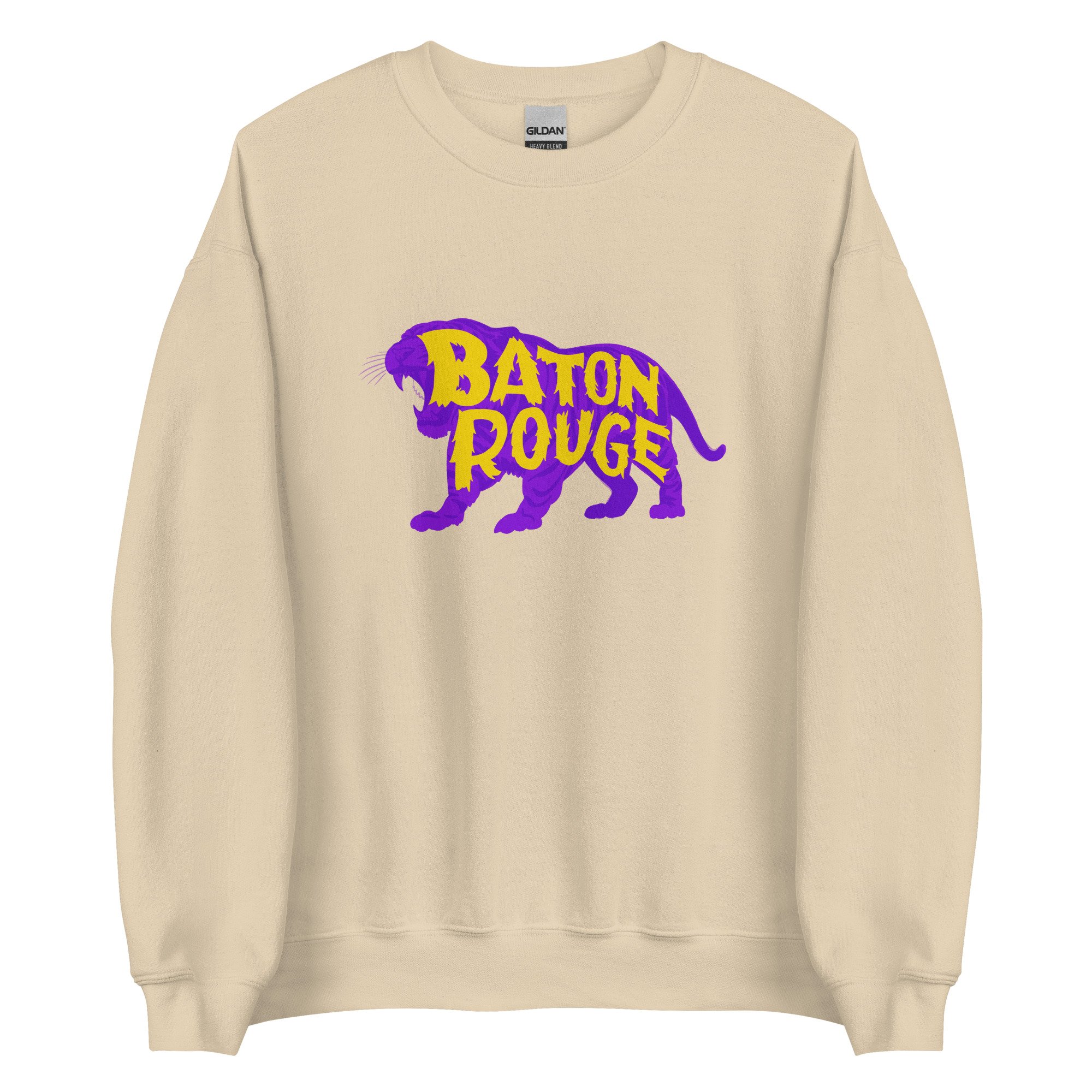 Cream-colored crewneck sweatshirt with Baton Rouge tiger graphic centered on chest, blending comfort and campus tradition.