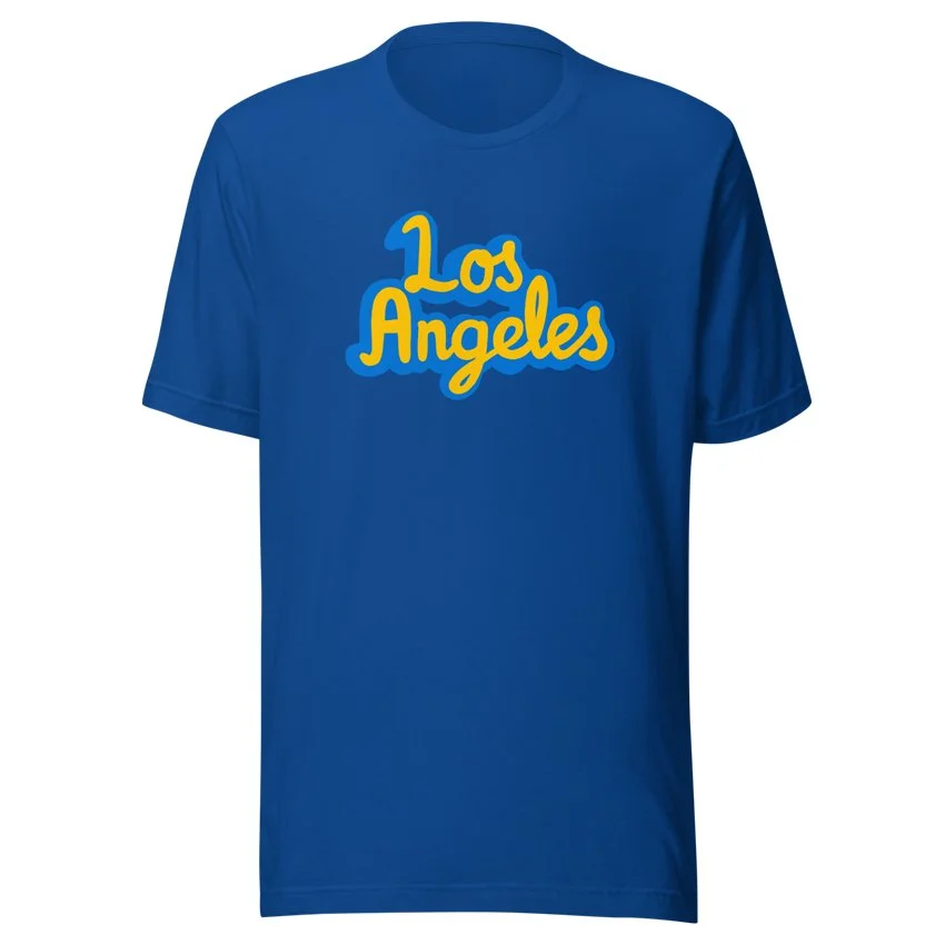 Lightweight royal blue t-shirt with Los Angeles script, inspired by UCLA in Westwood.