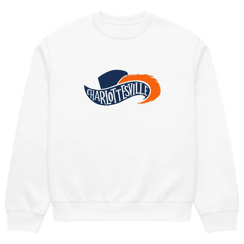 Charlottesville Virginia heavyweight crewneck in white with navy and orange Cavalier hat and feathered plume design, original Kittonix design for UVA fans