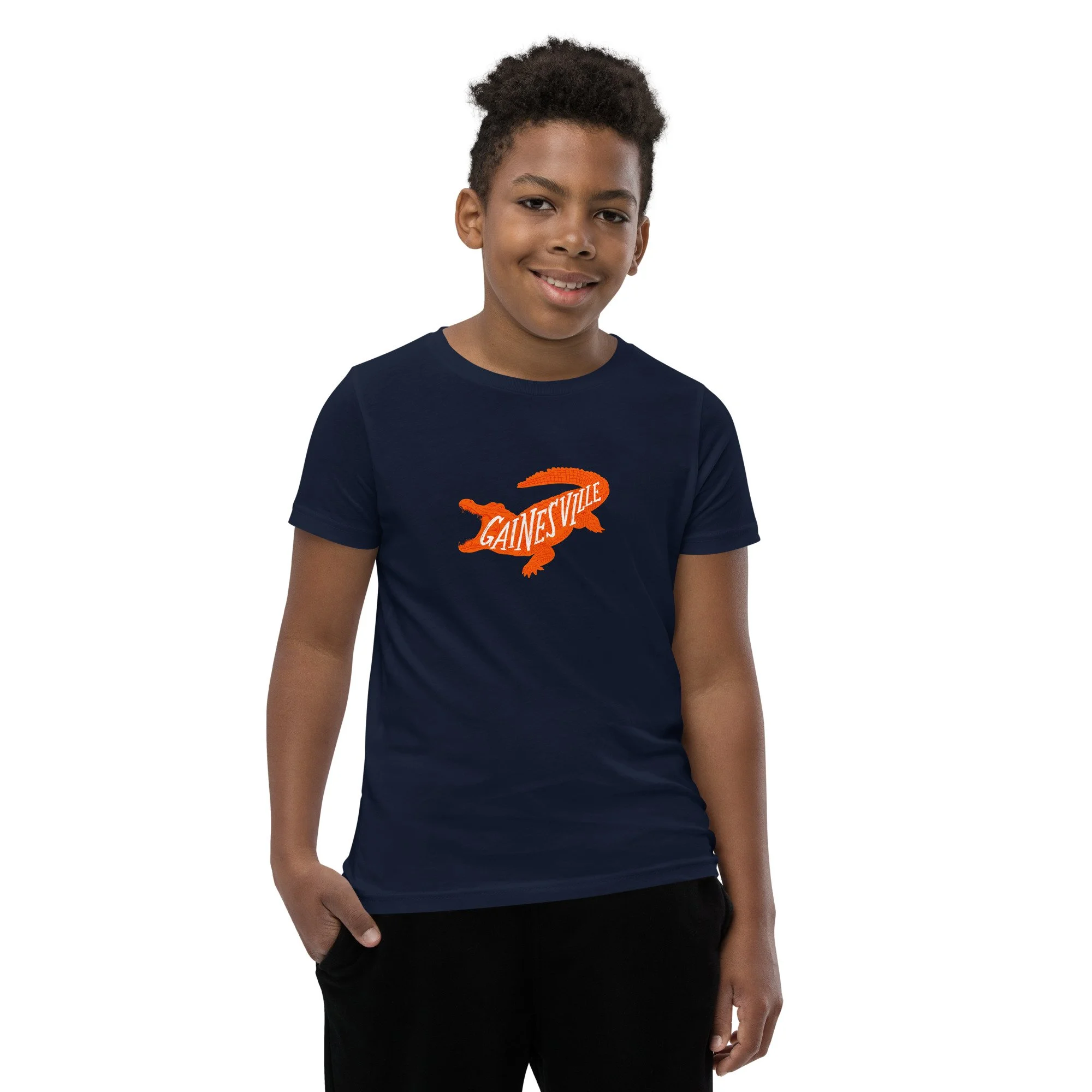 Boy Wearing Gainesville Kids T-Shirt in Navy Blue
