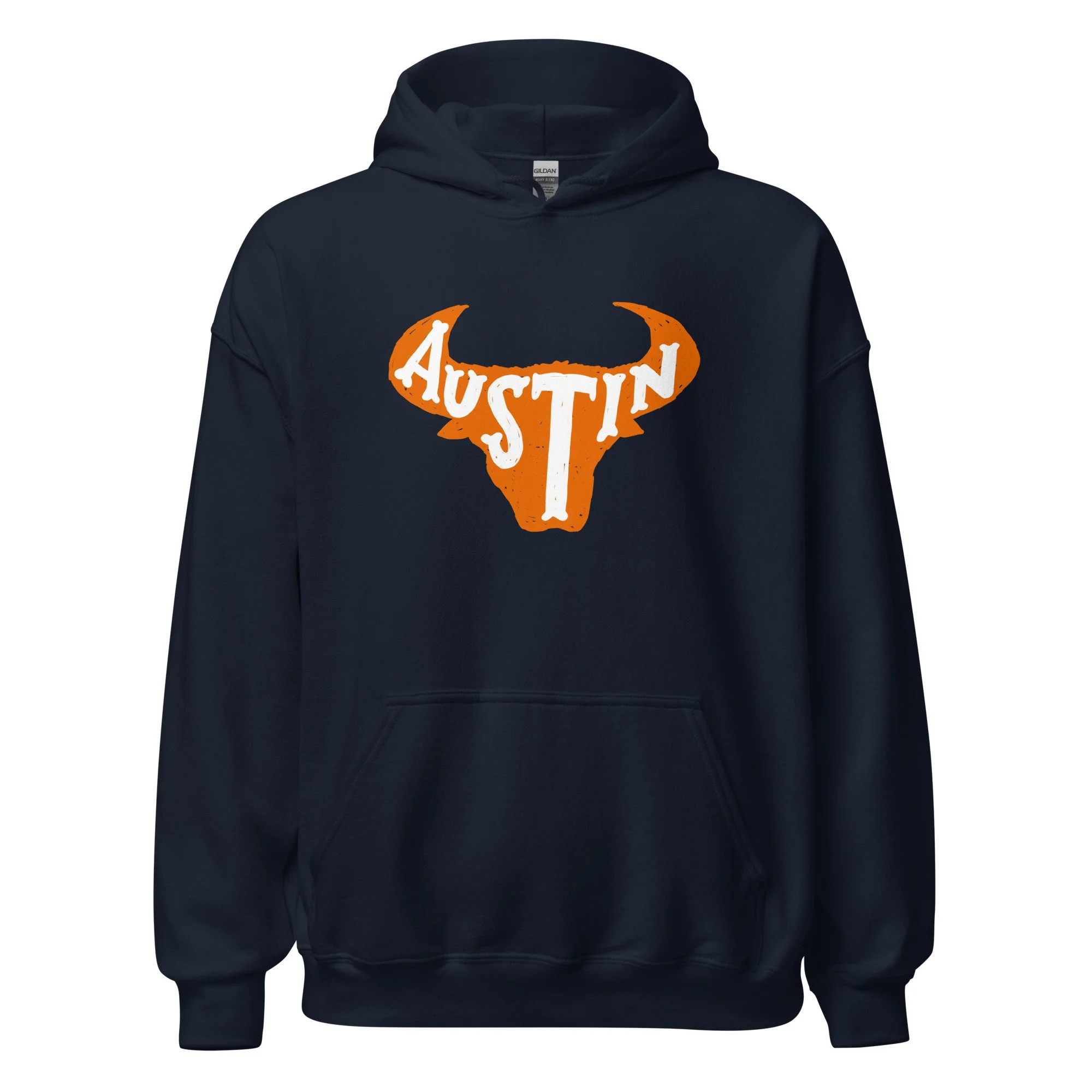 Navy blue unisex hoodie with the 'Austin' bullhorns design on the front, displayed flat.