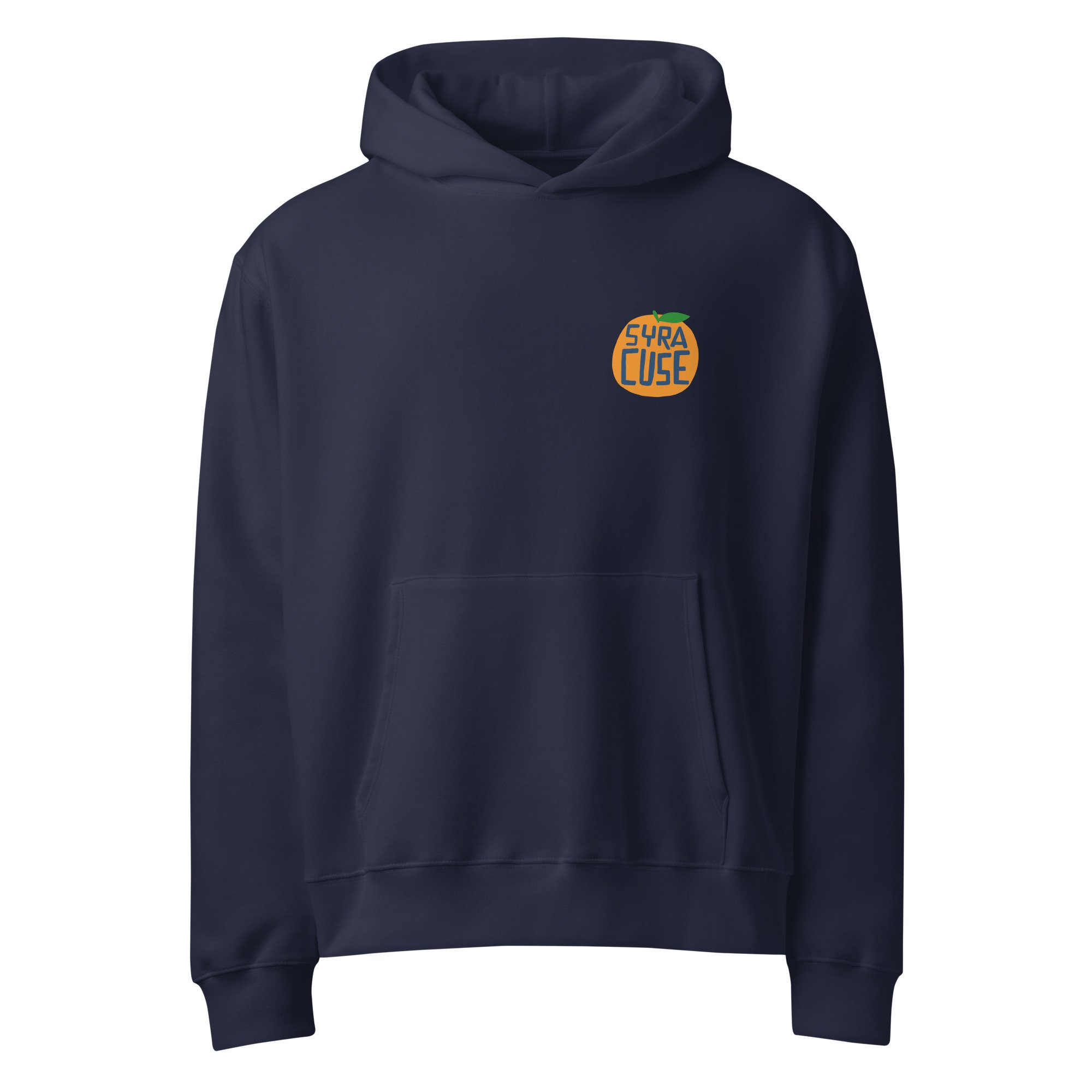 Navy Syracuse hoodie with bold orange design on left chest. Inspired by the hometown of Syracuse University. Heavyweight fleece, oversized fit.