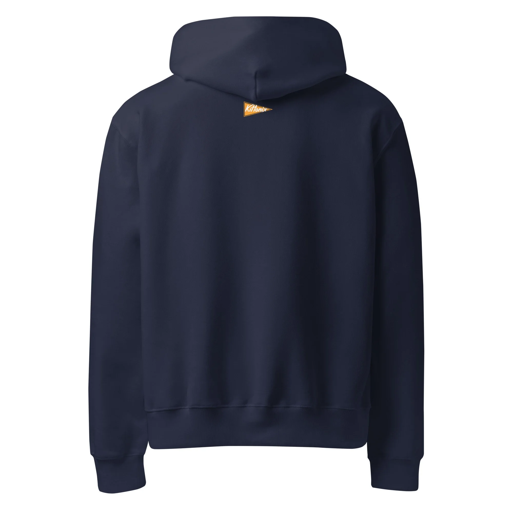 Back view of navy Syracuse hoodie with orange Kittonix pennant below the hood. Cozy oversized fleece inspired by Syracuse University.