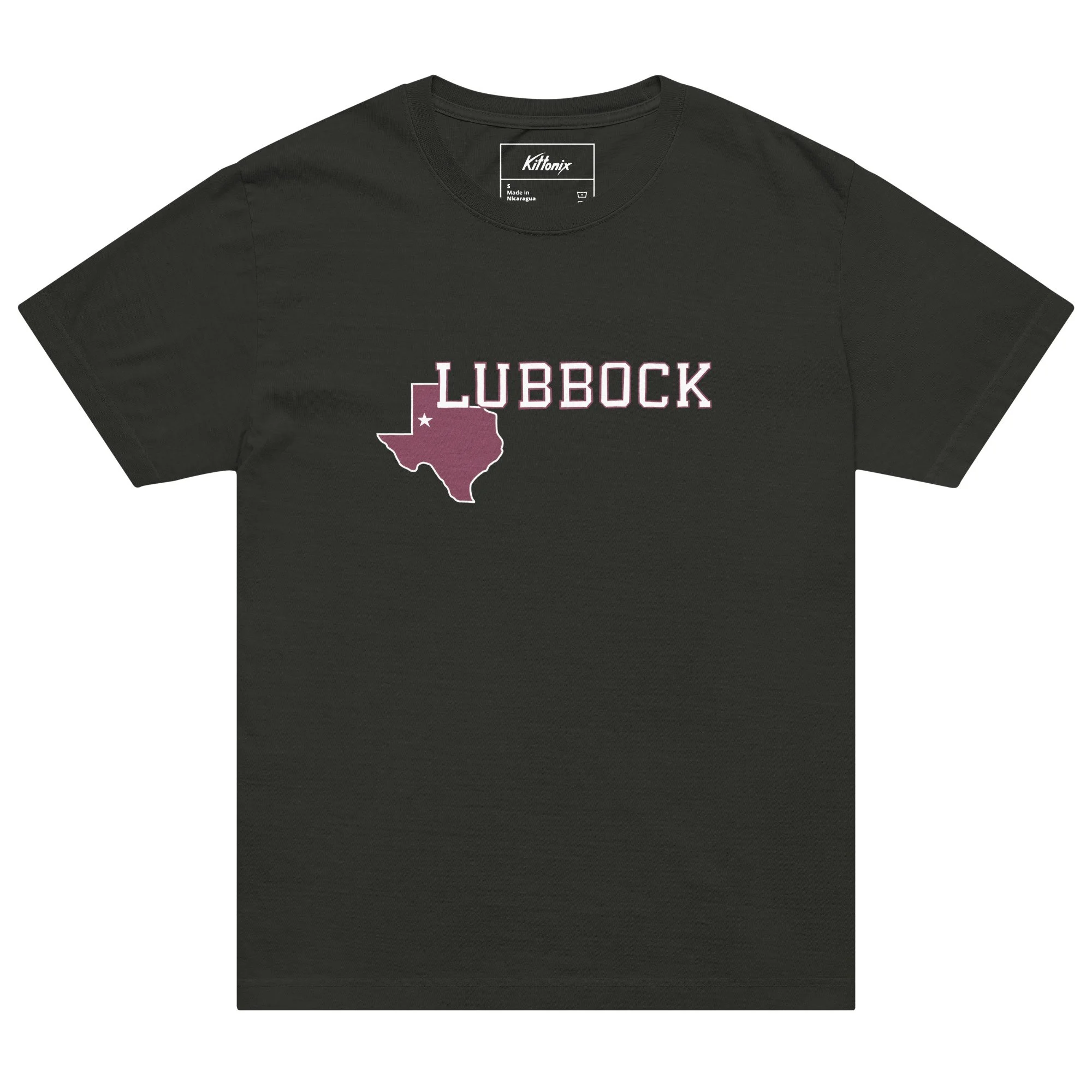 Washed black Lubbock tee with maroon Texas outline and white collegiate font. Oversized heavyweight cotton inspired by Texas Tech’s hometown.