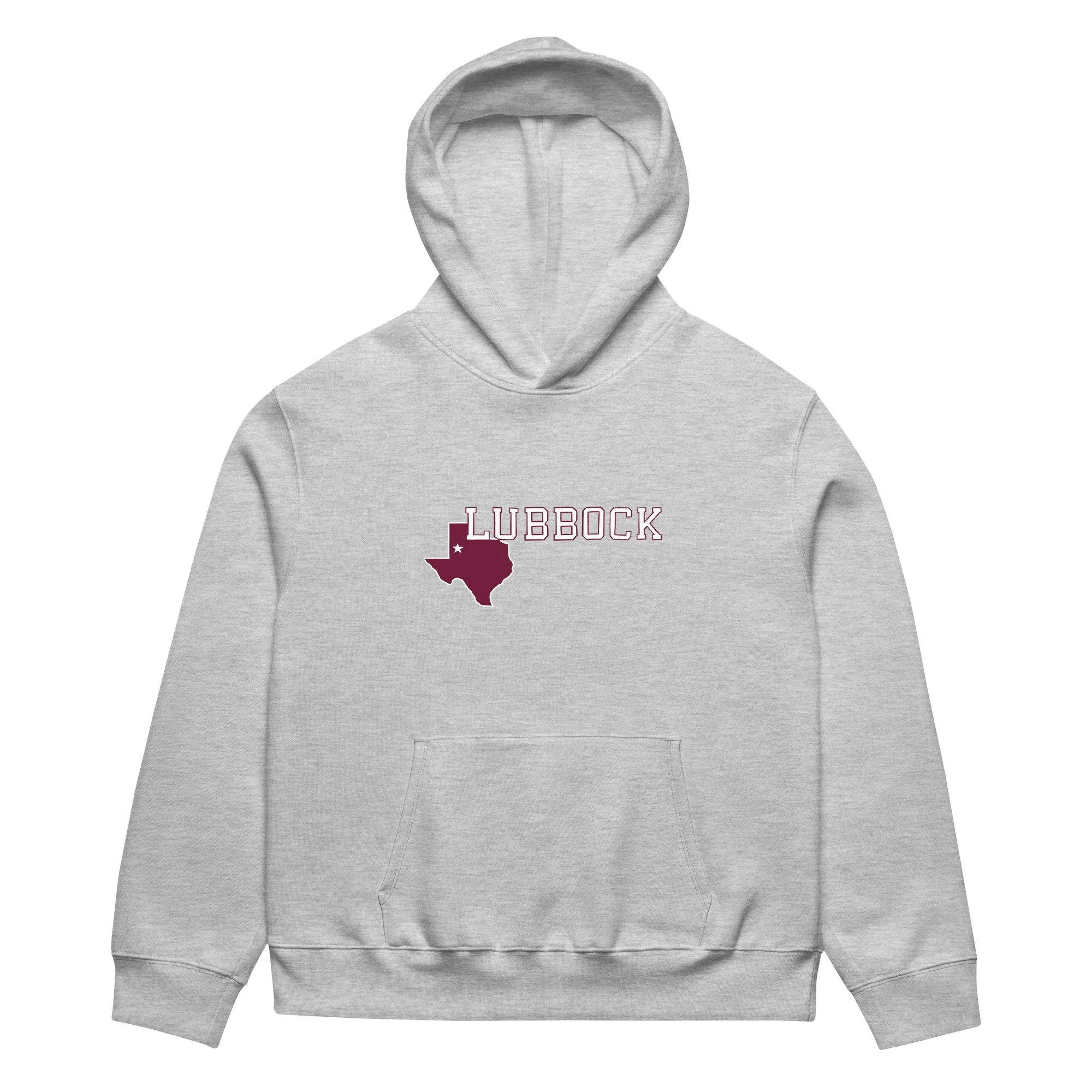 Athletic grey hoodie with bold “Lubbock” text and maroon Texas outline. Inspired by Texas Tech's hometown. Oversized unisex heavyweight fleece.