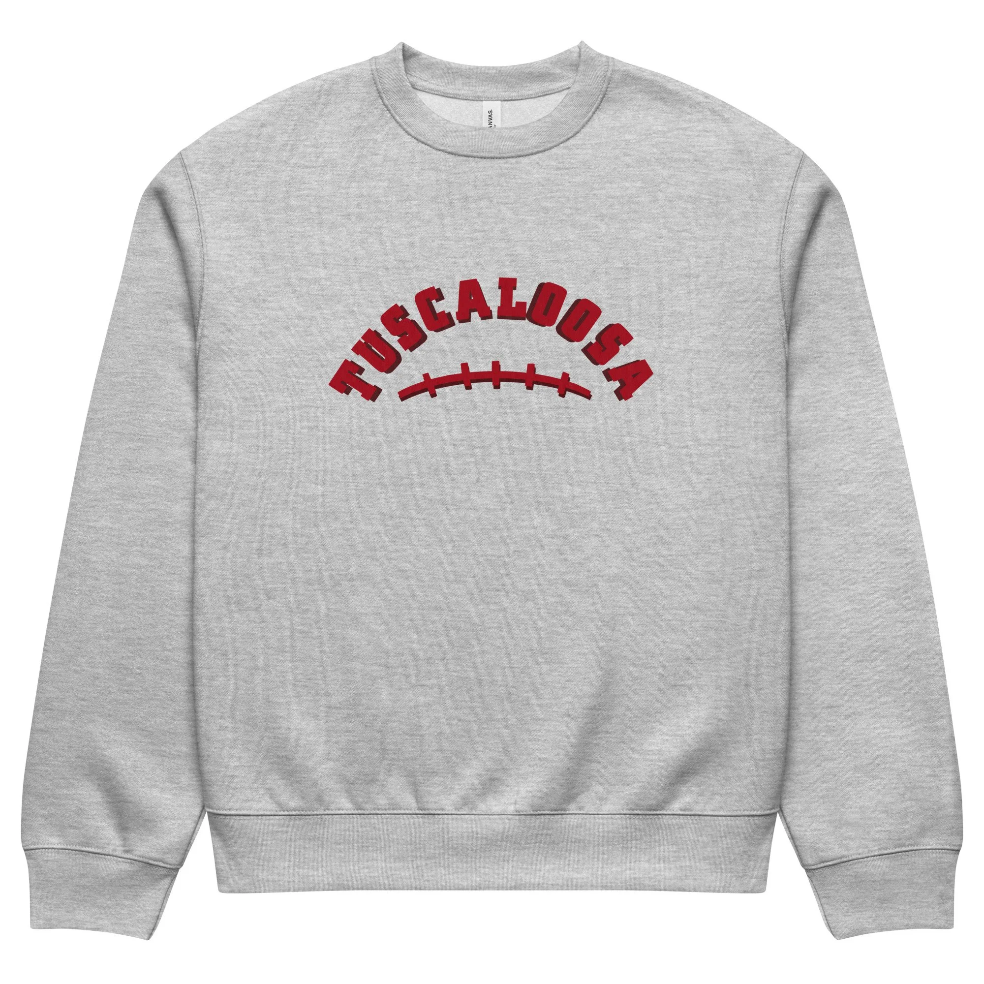 Heather grey crewneck sweatshirt with bold red Tuscaloosa text and football stitch design. Oversized heavyweight fleece.