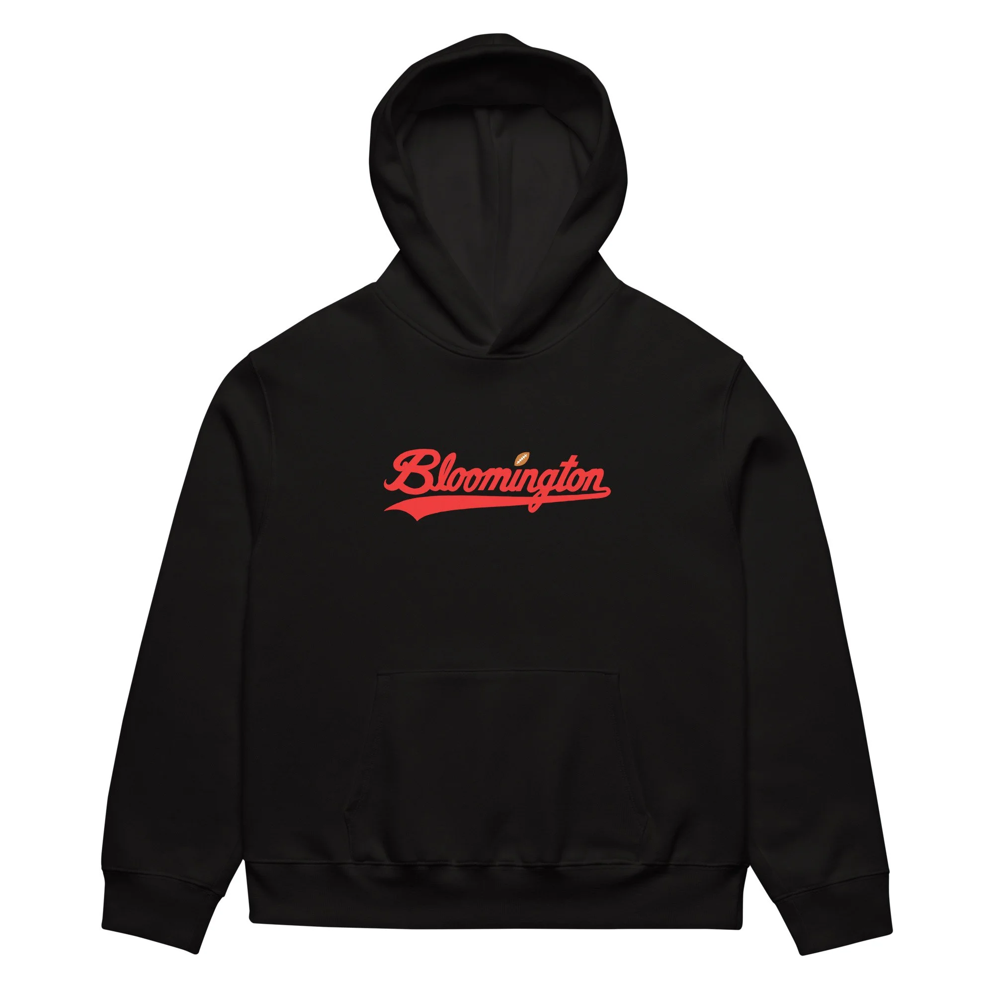 Black hoodie with Bloomington script and football graphic. Oversized heavyweight fleece inspired by Indiana University and college football culture.