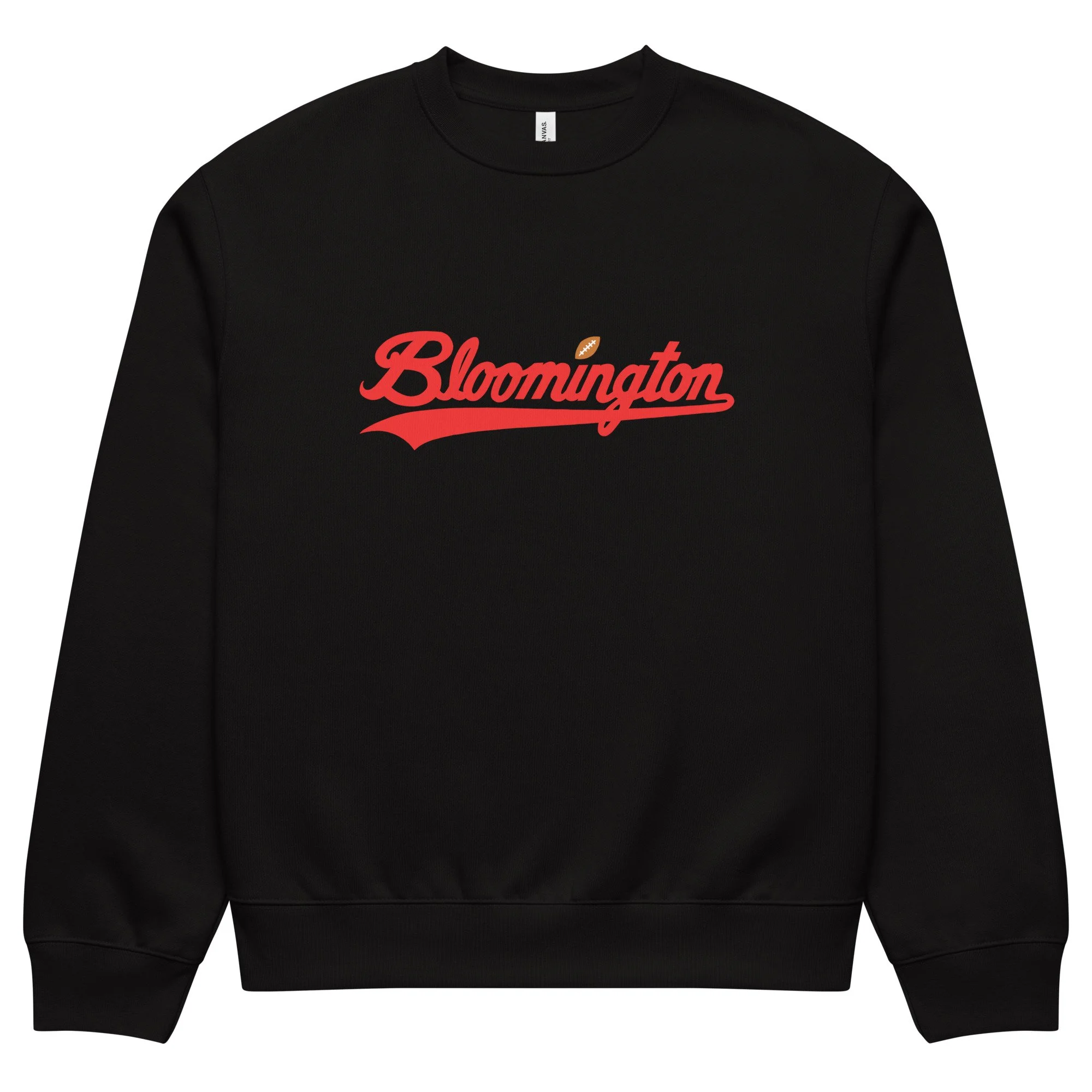 Black oversized sweatshirt with red Bloomington script and gold football, inspired by IU traditions and Memorial Stadium energy.