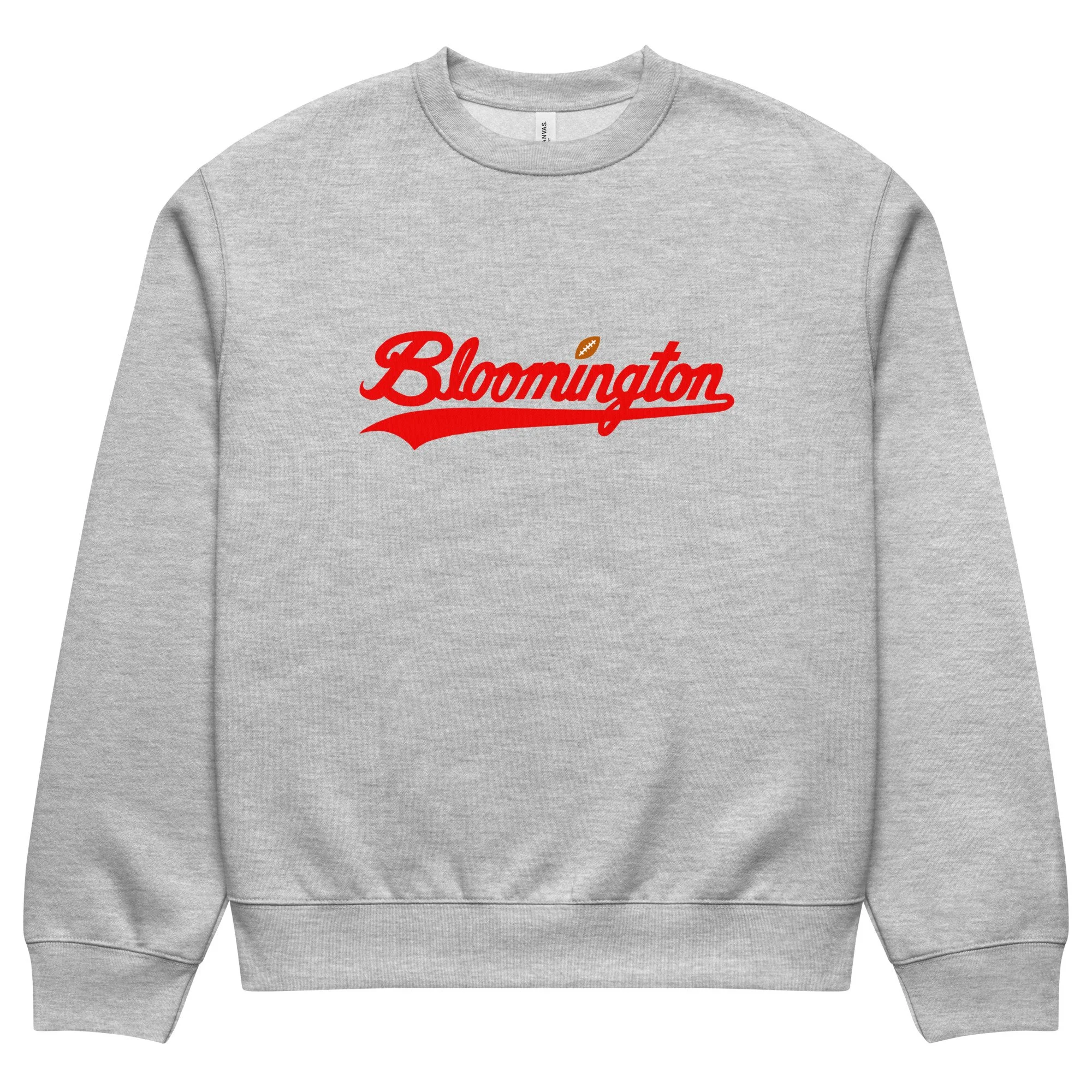 Gray oversized sweatshirt with red Bloomington script and gold football, inspired by Indiana University game day style.