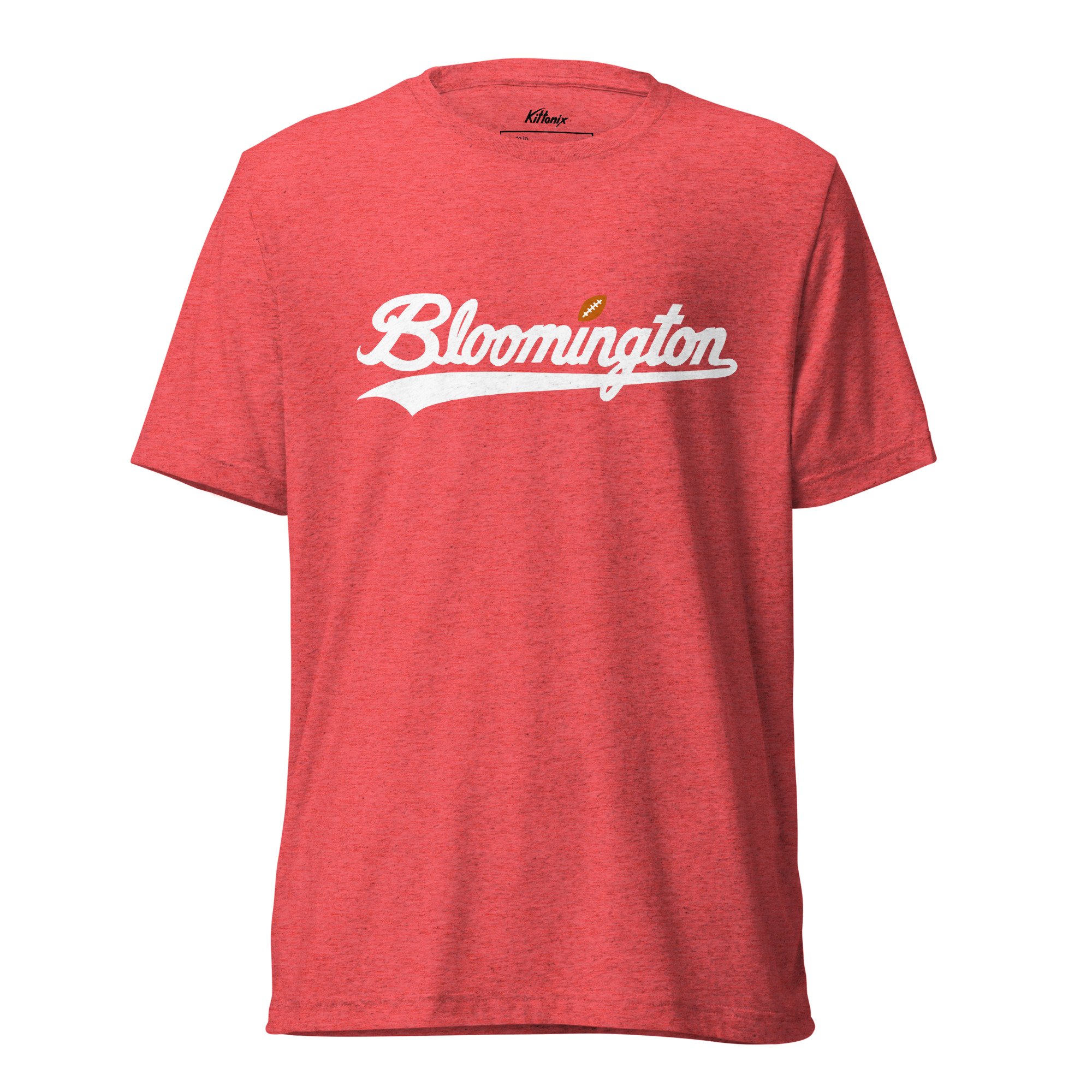 Heather red Bloomington t-shirt inspired by Indiana University with white script text.