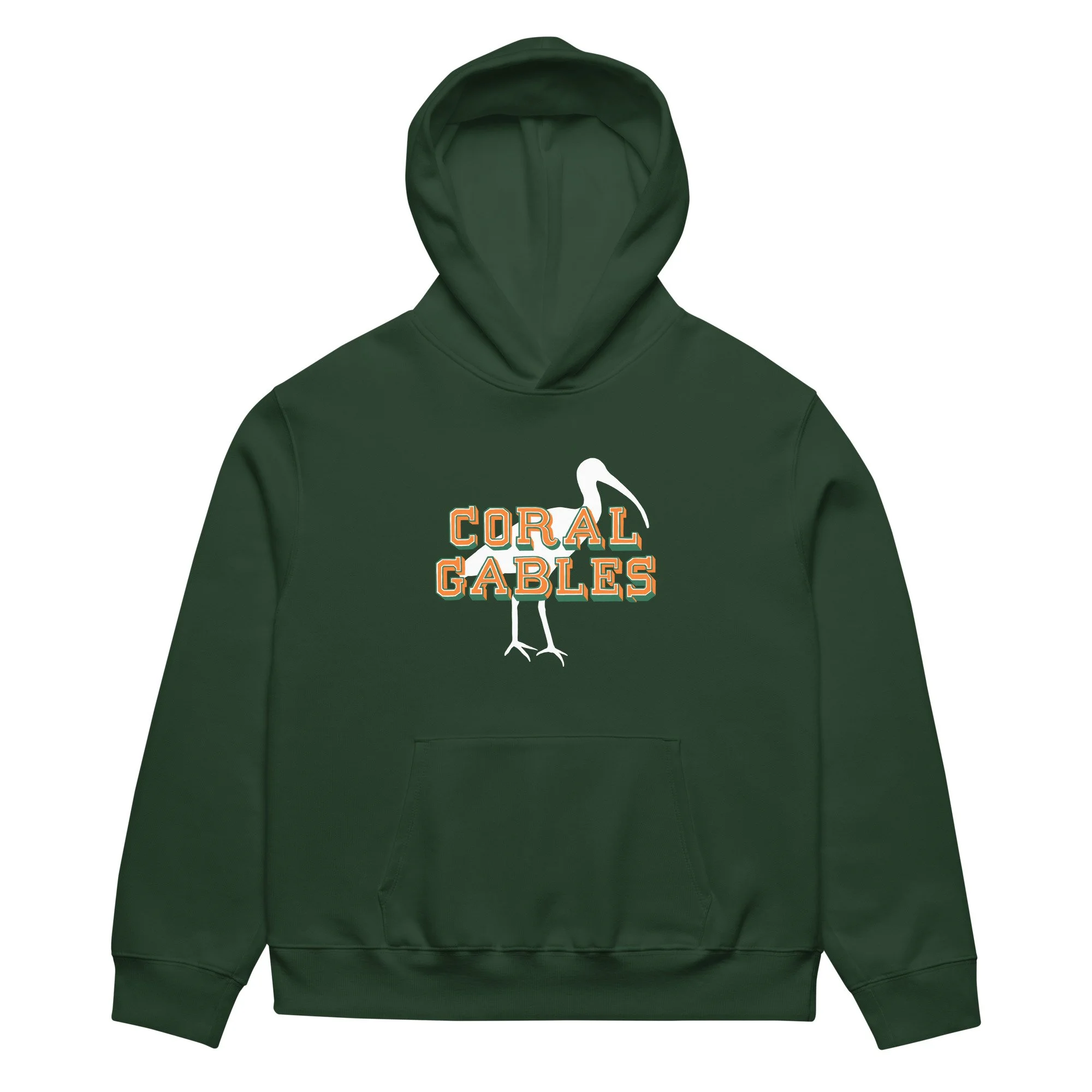 Forest green oversized hoodie with Coral Gables ibis design, inspired by the hometown of the Miami Hurricanes.