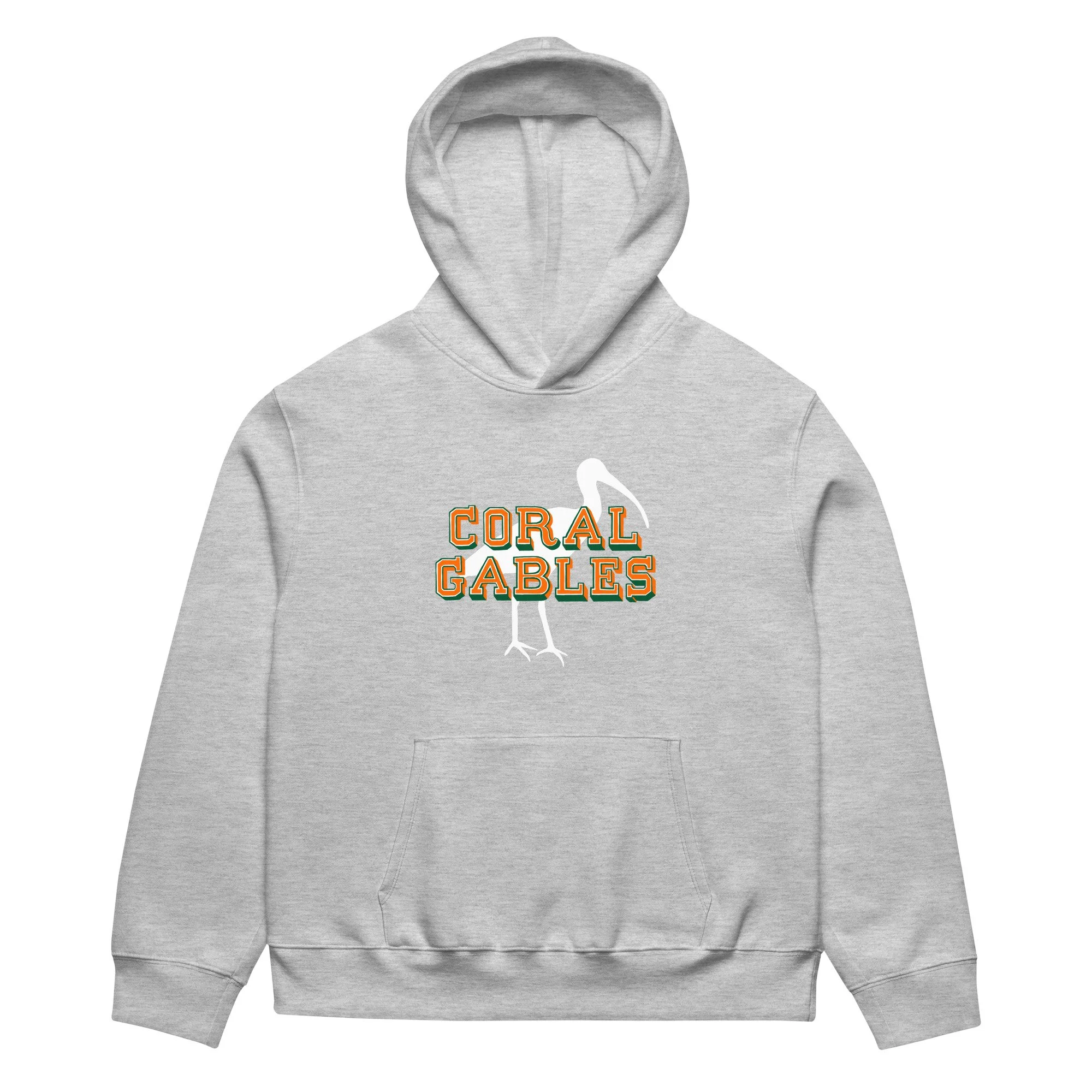 Heather grey oversized hoodie with Coral Gables ibis design, inspired by the hometown of the Miami Hurricanes.