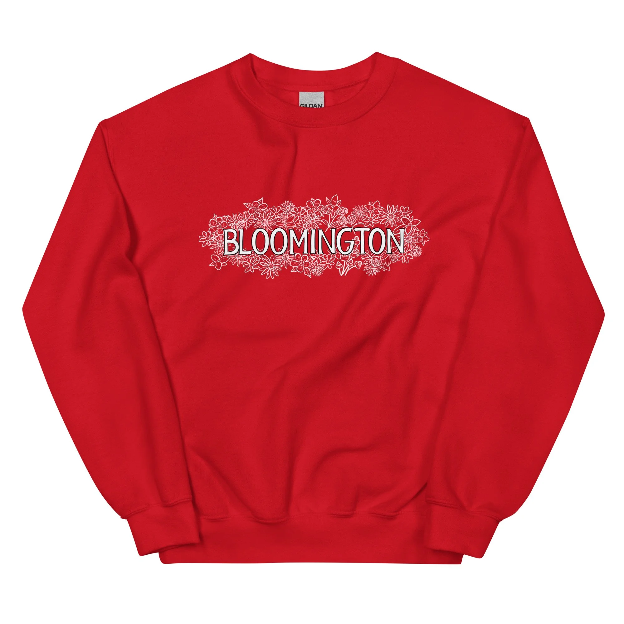 Red midweight sweatshirt with white floral Bloomington design, inspired by Indiana University.