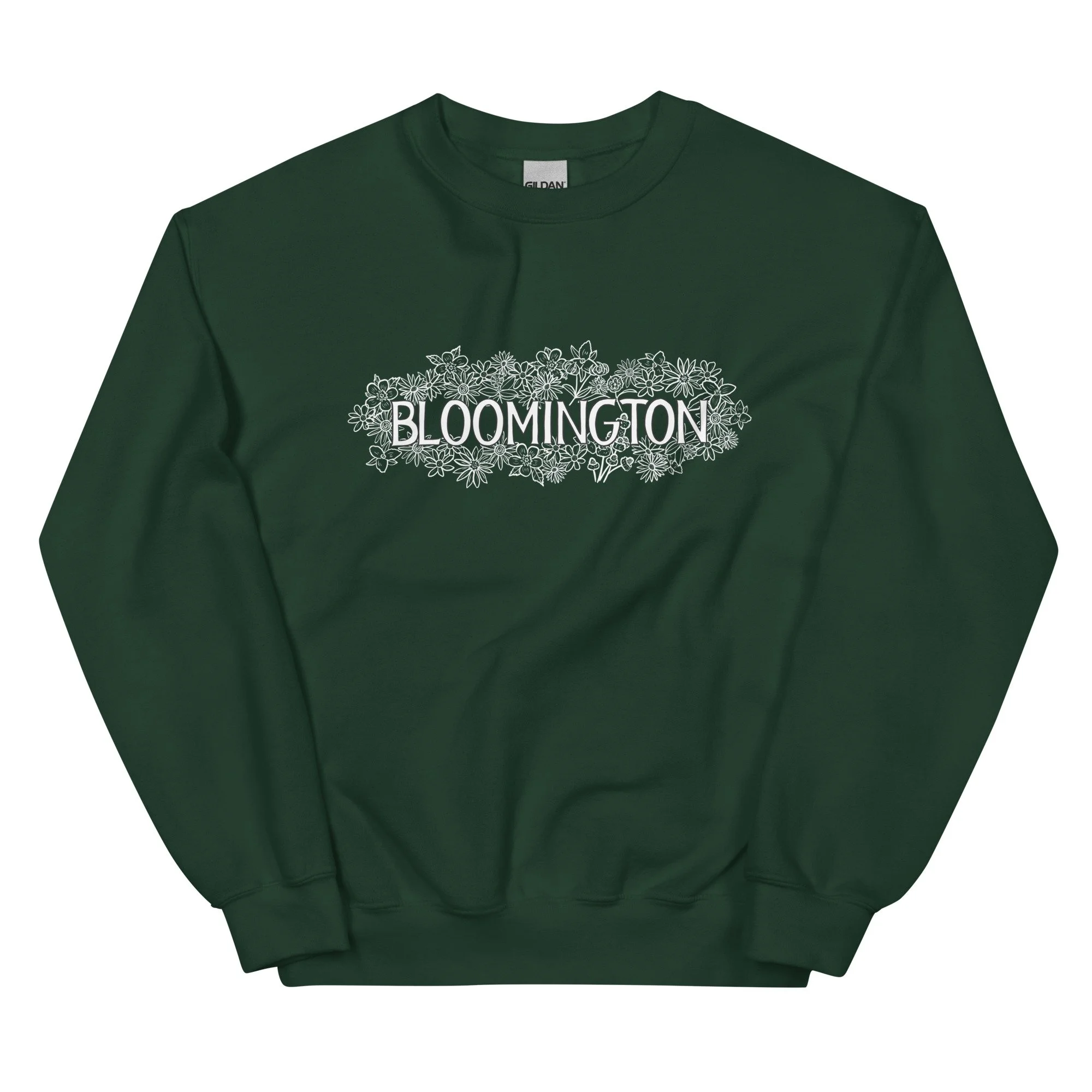 Forest green crewneck sweatshirt with white floral Bloomington graphic, inspired by IU.