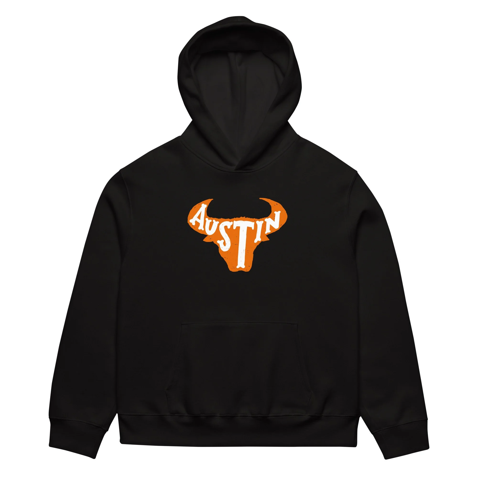 Black oversized hoodie with Austin longhorn graphic, inspired by the University of Texas.