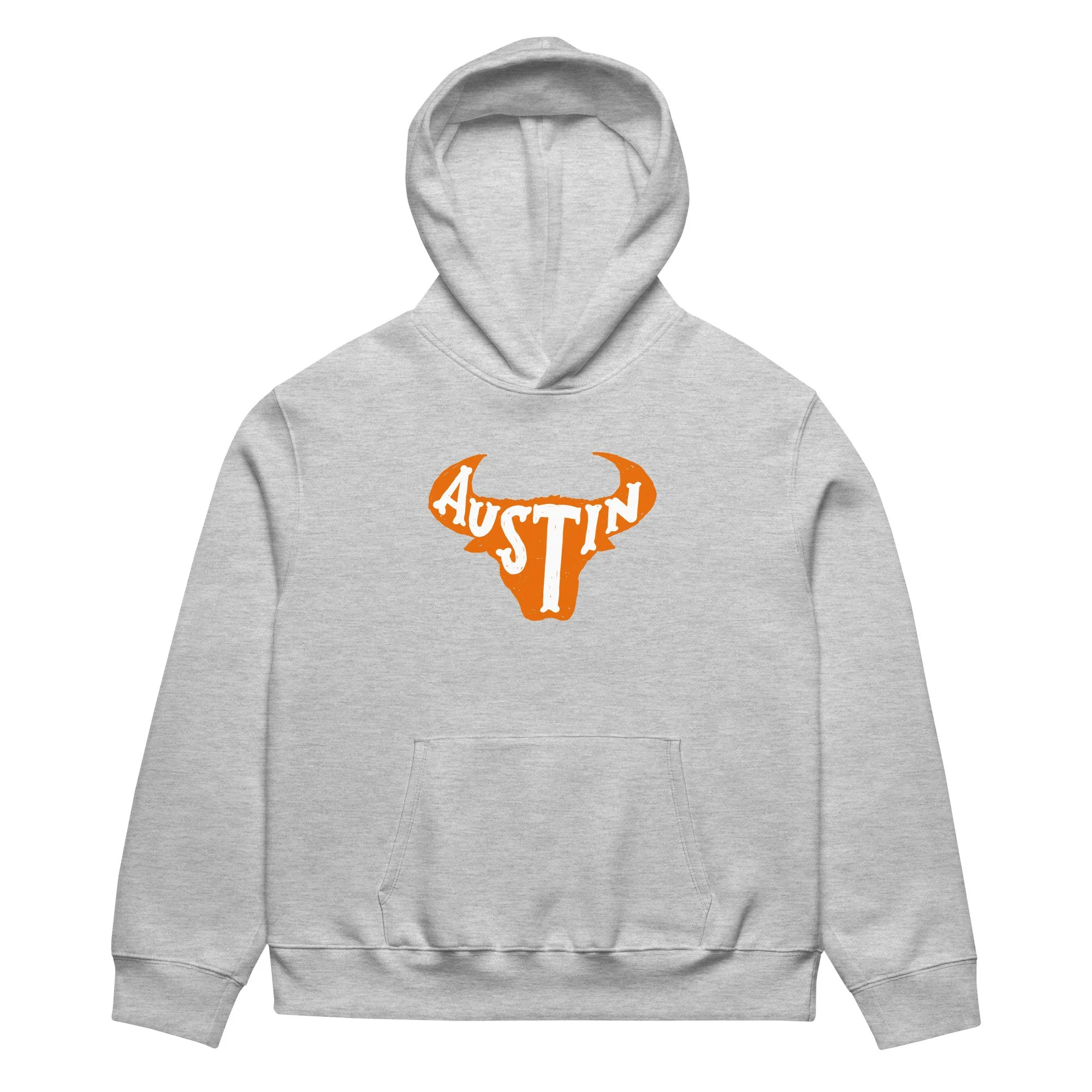 Athletic heather oversized hoodie with Austin longhorn graphic, inspired by the University of Texas.