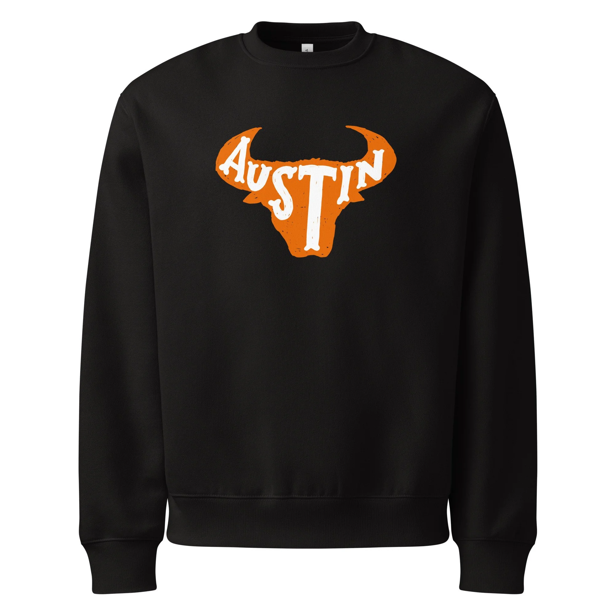 Black oversized crewneck with Austin longhorn graphic inspired by the University of Texas.