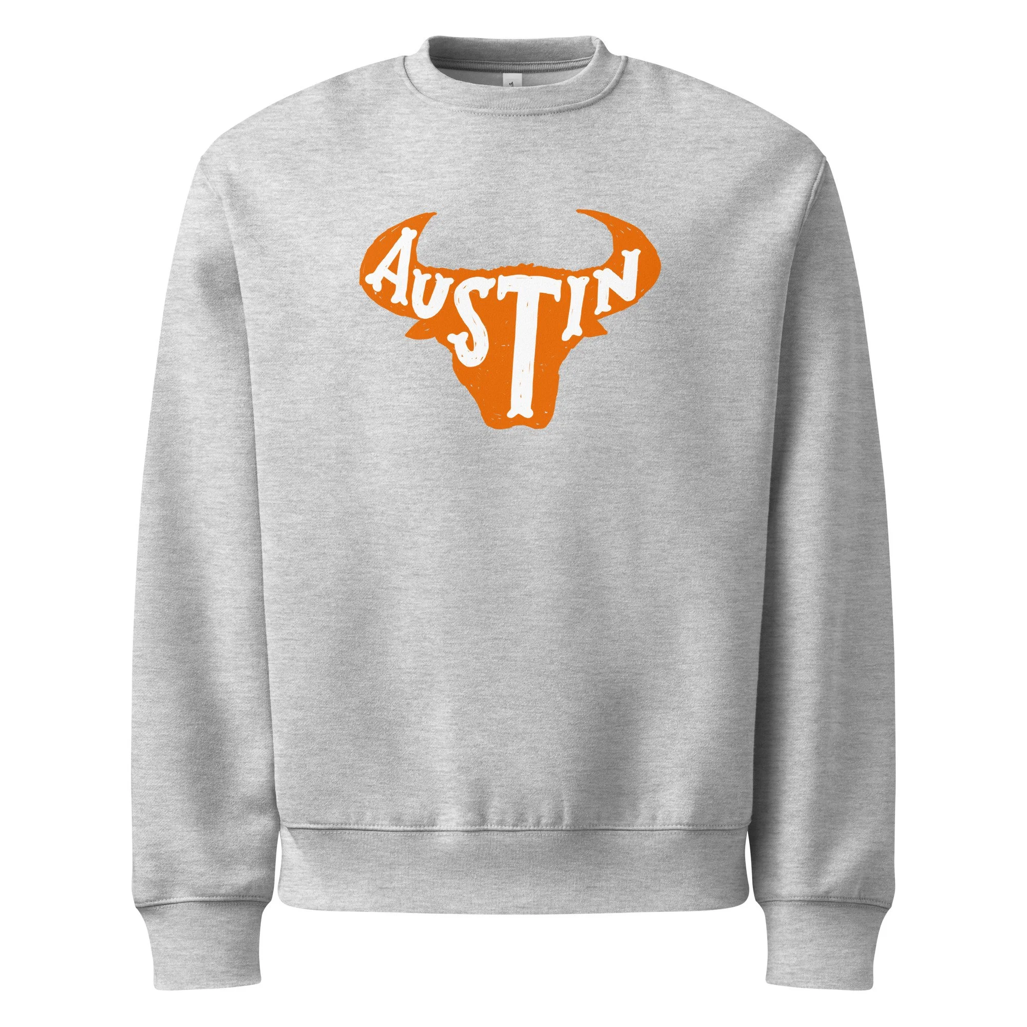 Athletic heather oversized crewneck with Austin longhorn graphic inspired by the University of Texas.