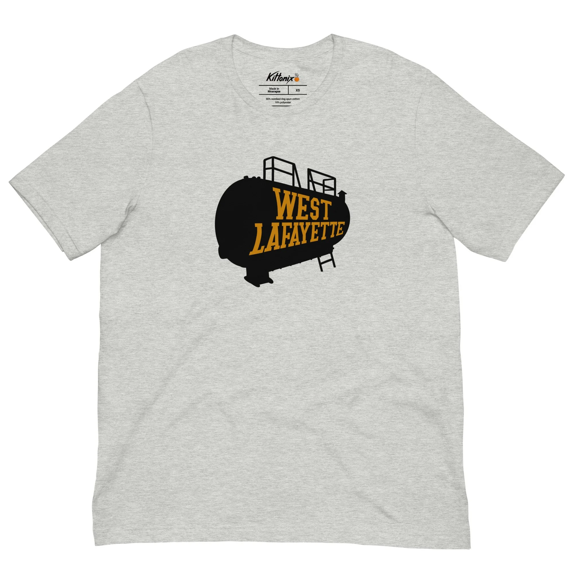 Athletic heather lightweight West Lafayette t-shirt with black boiler tank graphic, inspired by Purdue Boilermakers.