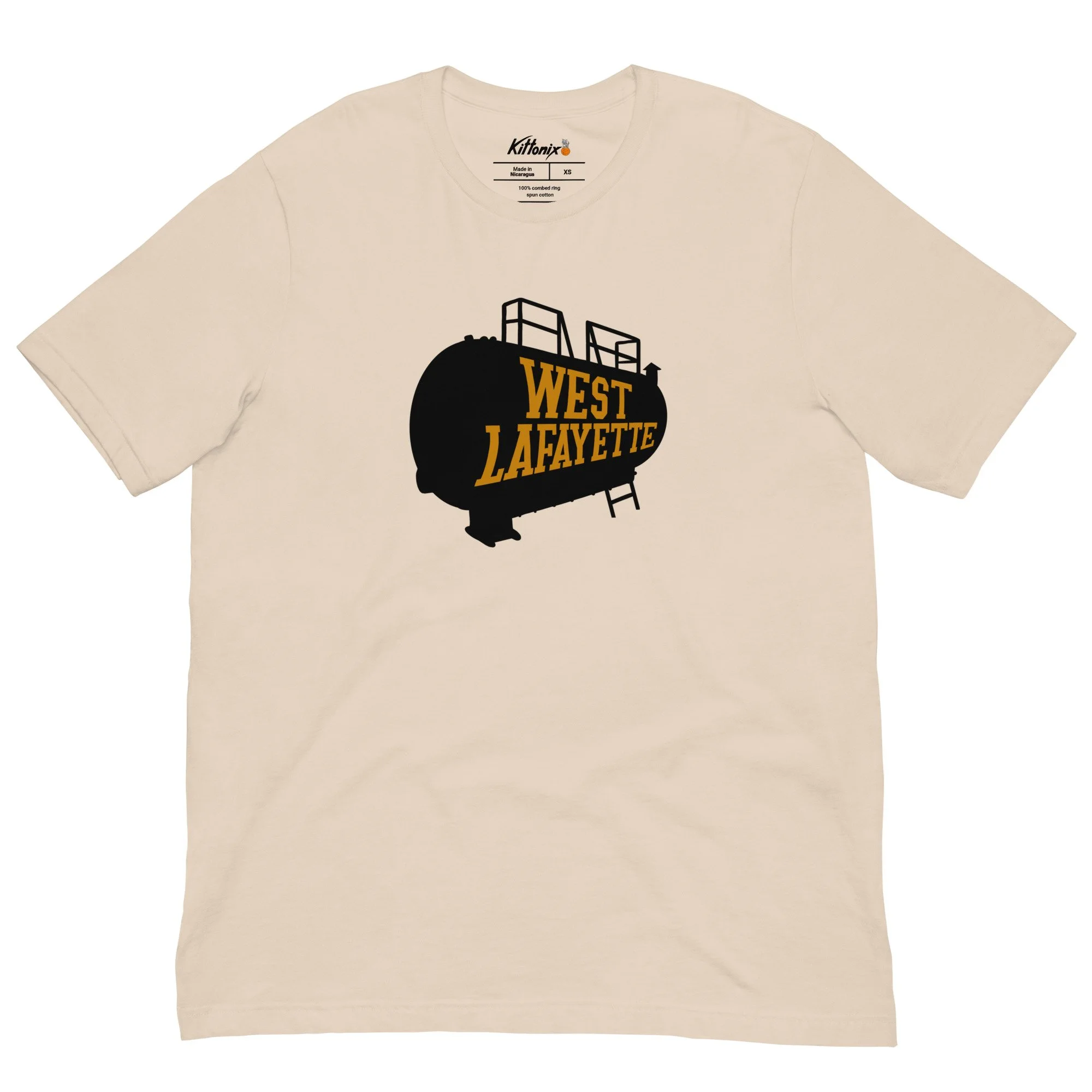 Soft cream lightweight West Lafayette t-shirt with black boiler tank graphic, inspired by Purdue Boilermakers.