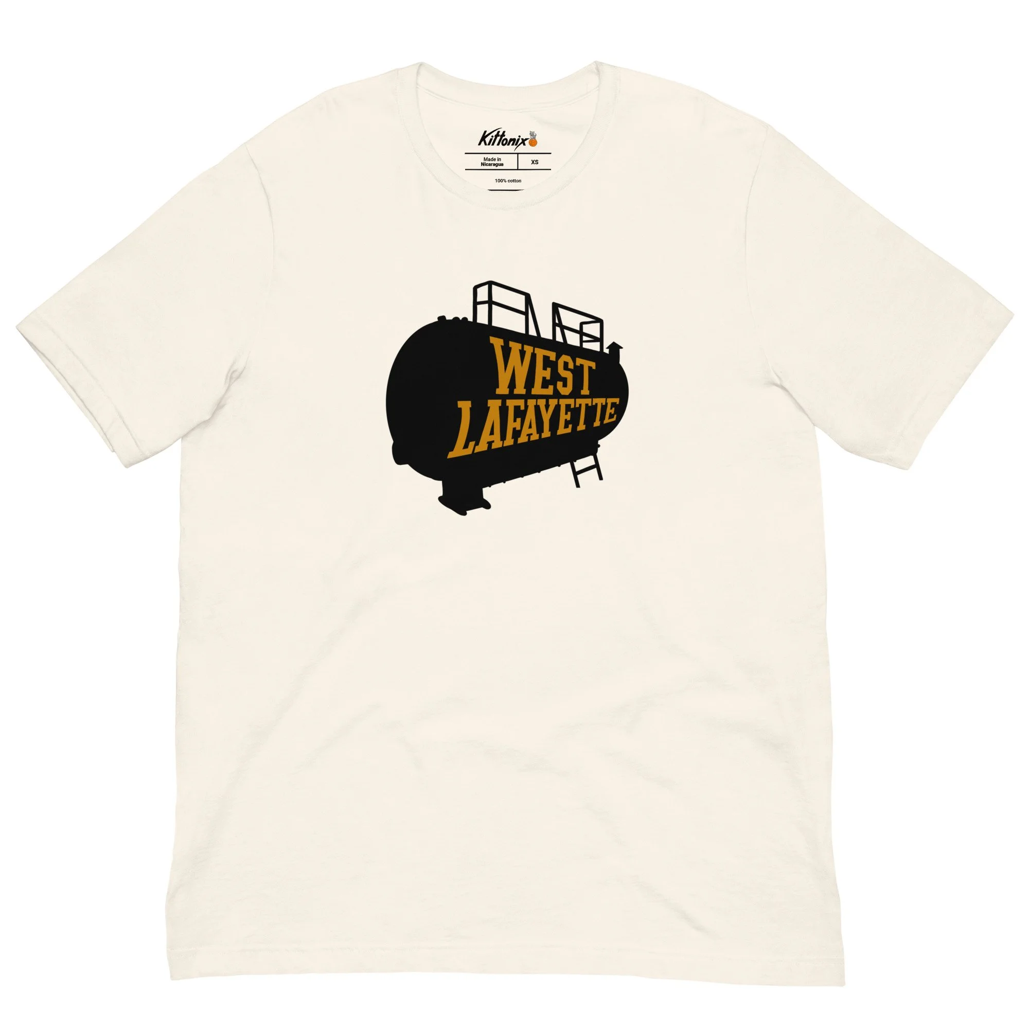Vintage white lightweight West Lafayette t-shirt with black boiler tank graphic, inspired by Purdue Boilermakers.