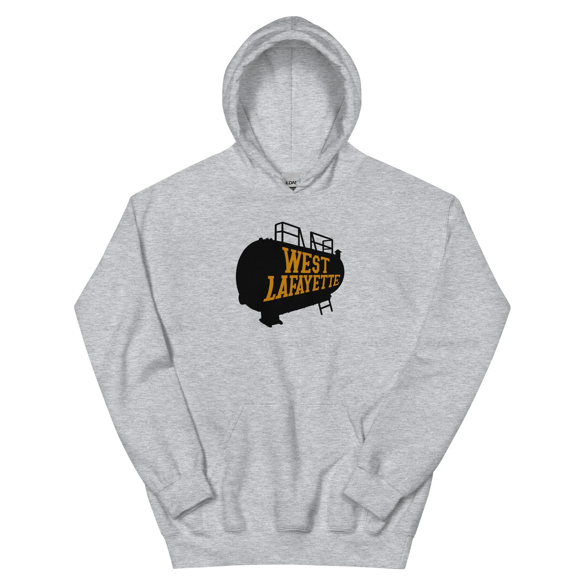 Sport grey West Lafayette midweight hoodie with boiler tank graphic, inspired by Purdue Boilermakers.