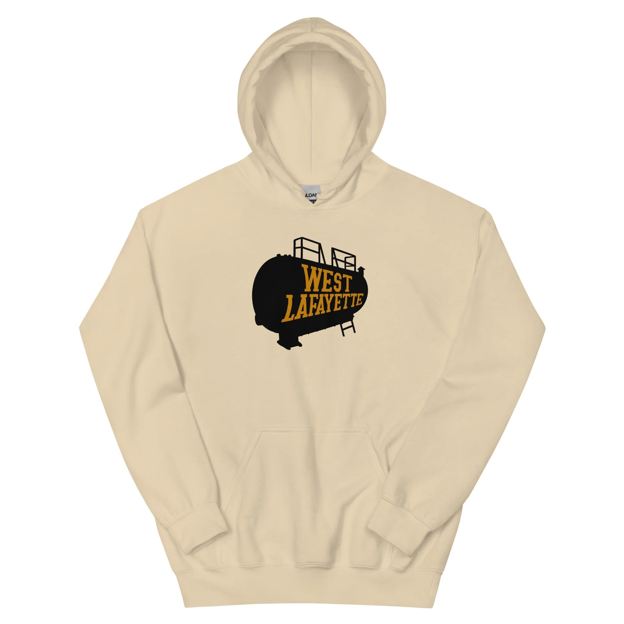 Sand colored West Lafayette midweight hoodie with boiler tank graphic, inspired by Purdue Boilermakers.