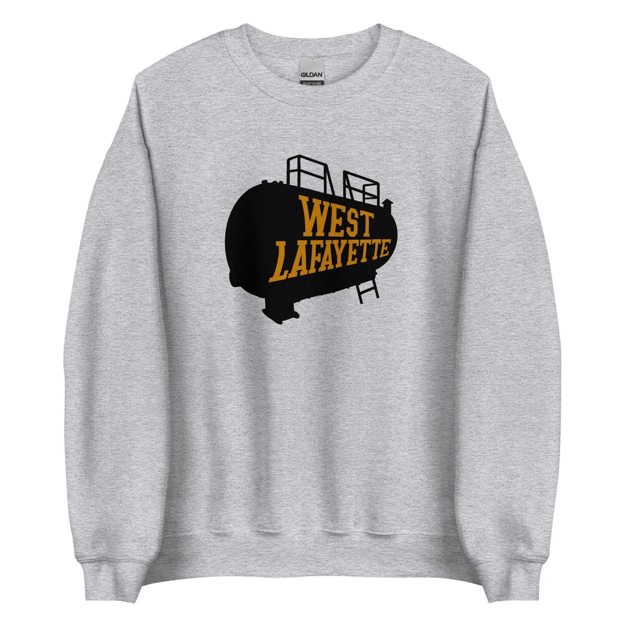 Sport gray West Lafayette midweight sweatshirt with boiler tank graphic, inspired by Purdue Boilermakers.