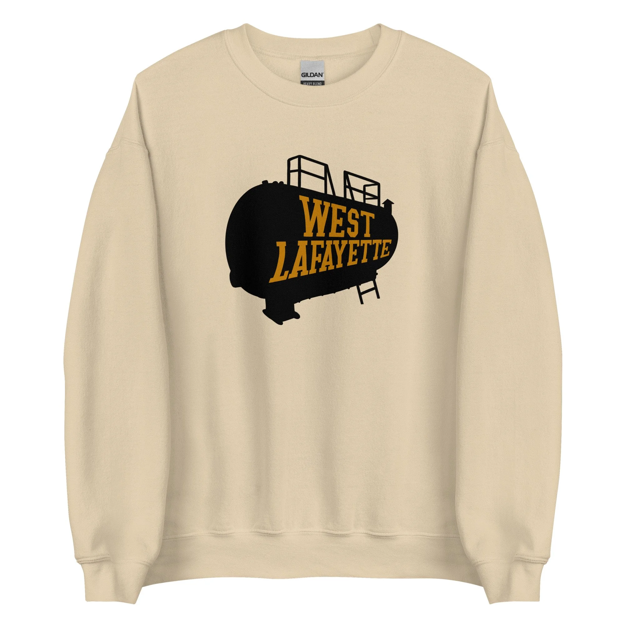 Sand colored West Lafayette midweight sweatshirt with boiler tank graphic, inspired by Purdue Boilermakers.