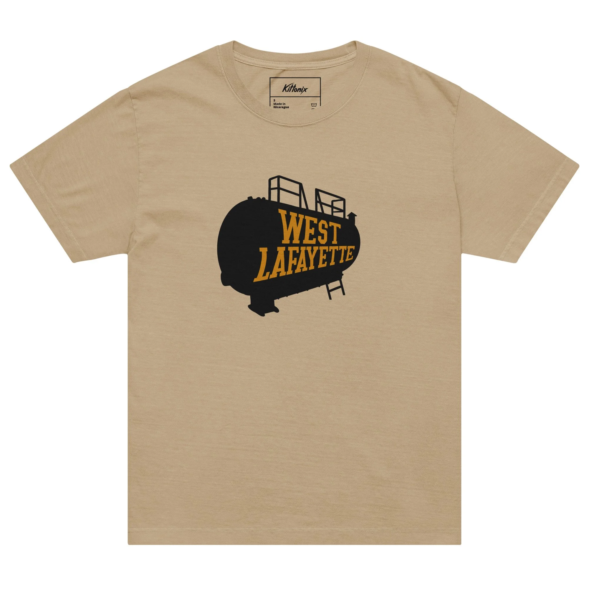 Khaki white heavyweight West Lafayette t-shirt with boiler tank graphic, inspired by Purdue Boilermakers.